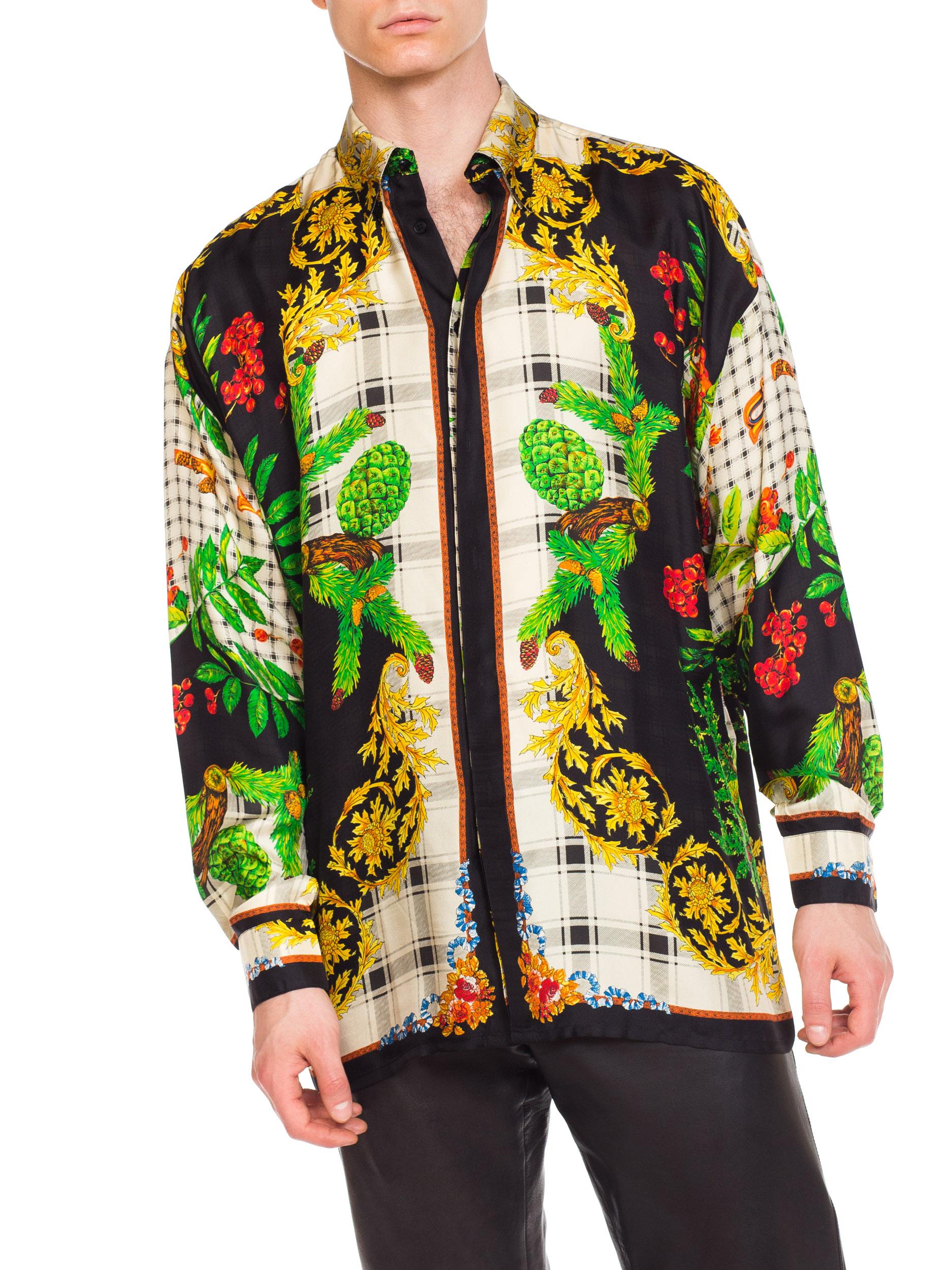 1990S GIANNI VERSACE Silk Men's Istante Autumnal Baroque Print Shirt Sz 48 8