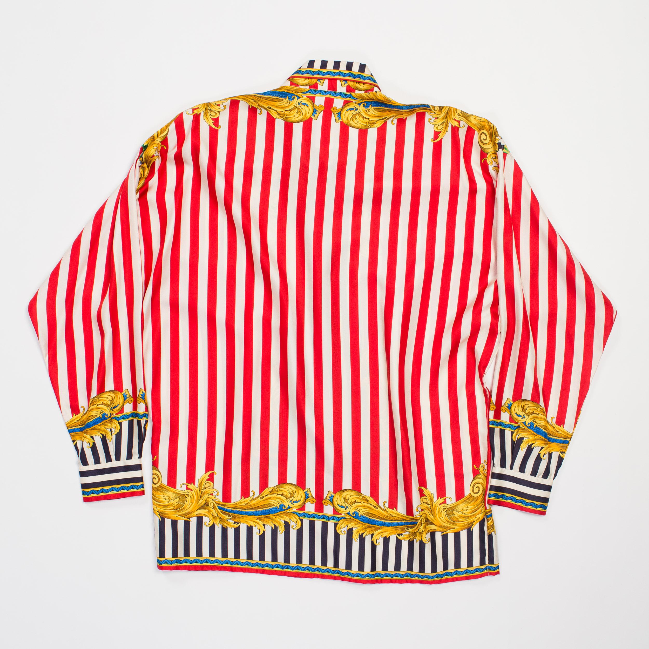 1990S GIANNI VERSACE Red & White Silk Men's Baroque Stripe Shirt In Excellent Condition In New York, NY