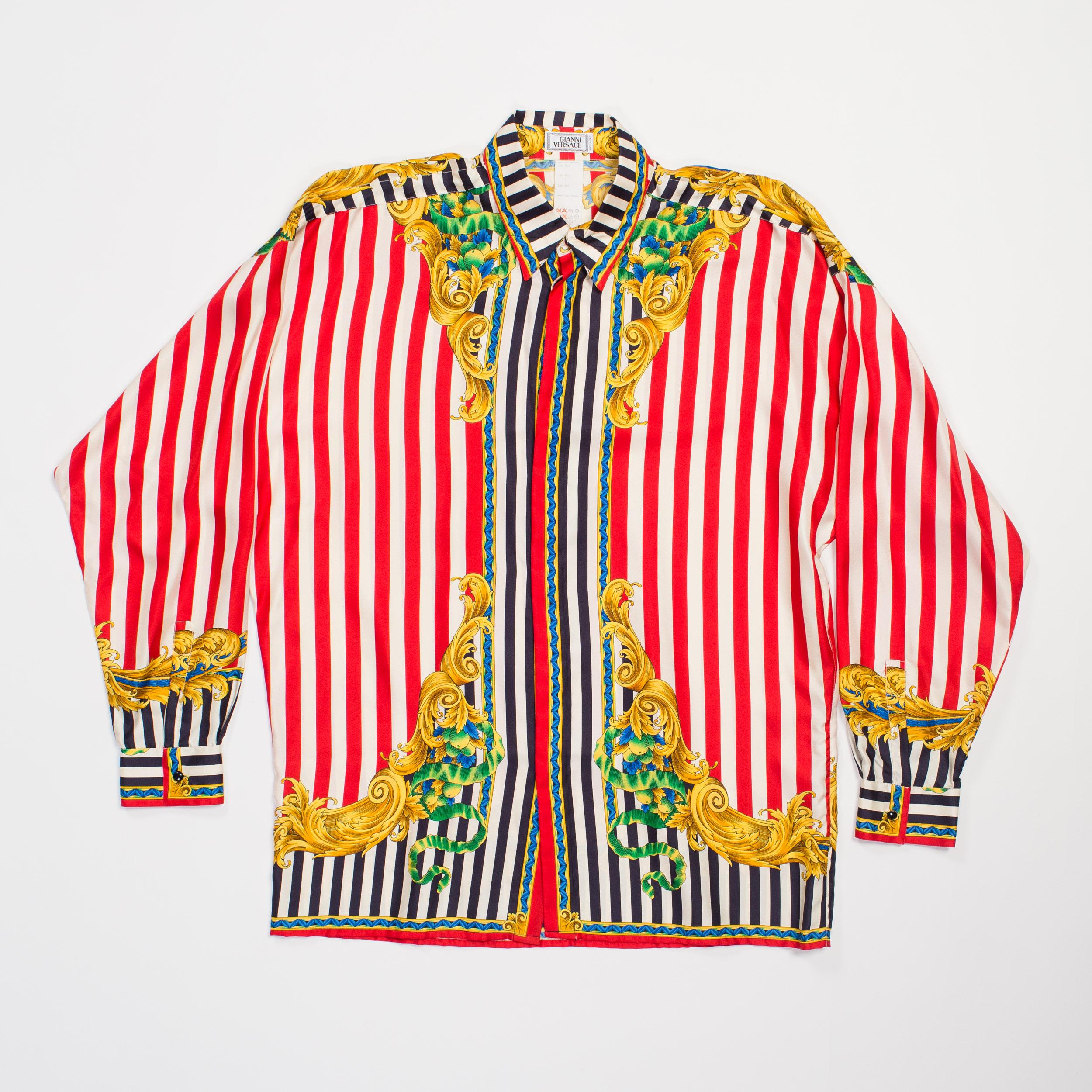 Beige 1990S GIANNI VERSACE Red & White Silk Men's Baroque Stripe Shirt