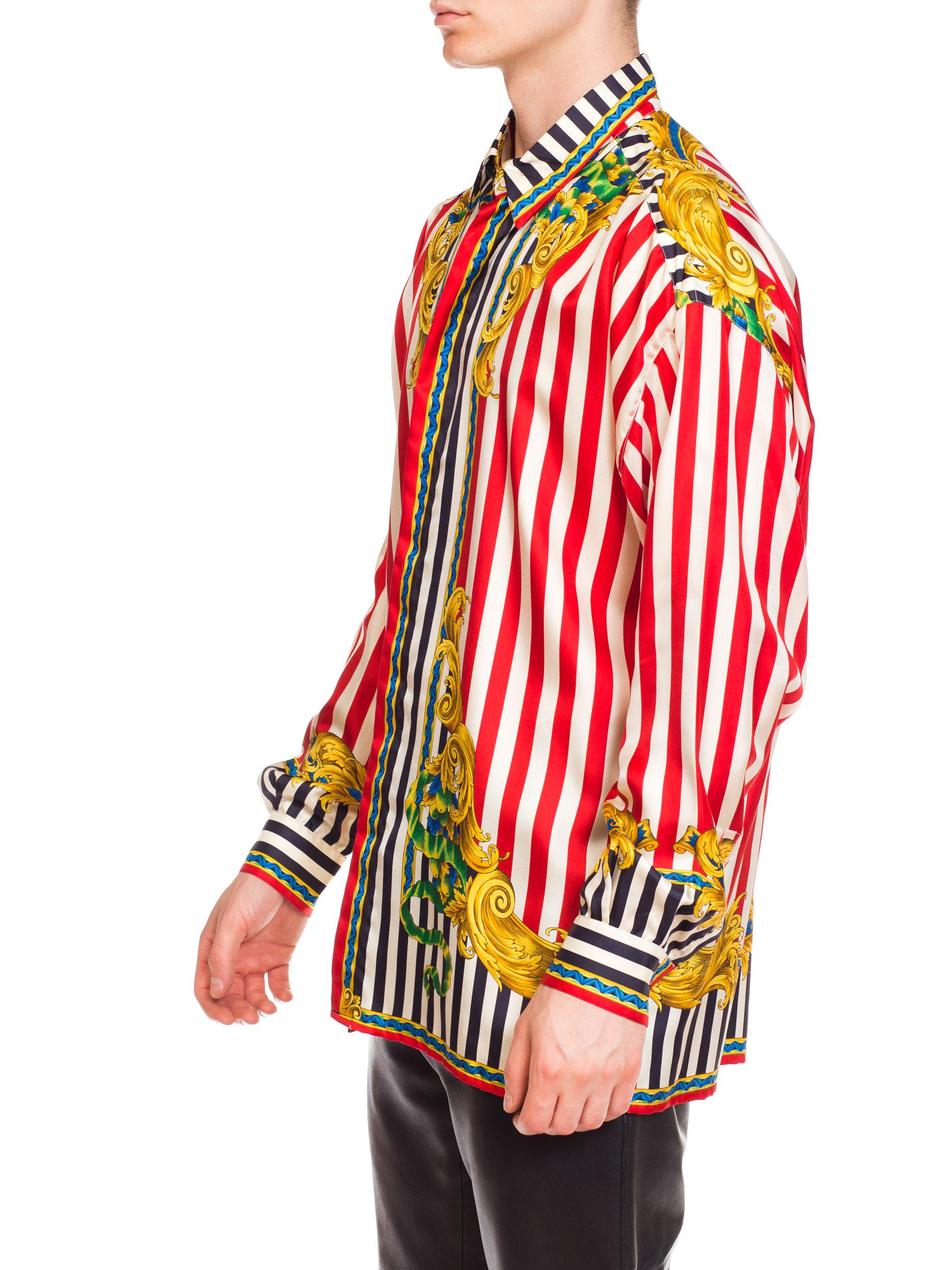 1990S GIANNI VERSACE Red & White Silk Men's Baroque Stripe Shirt 1