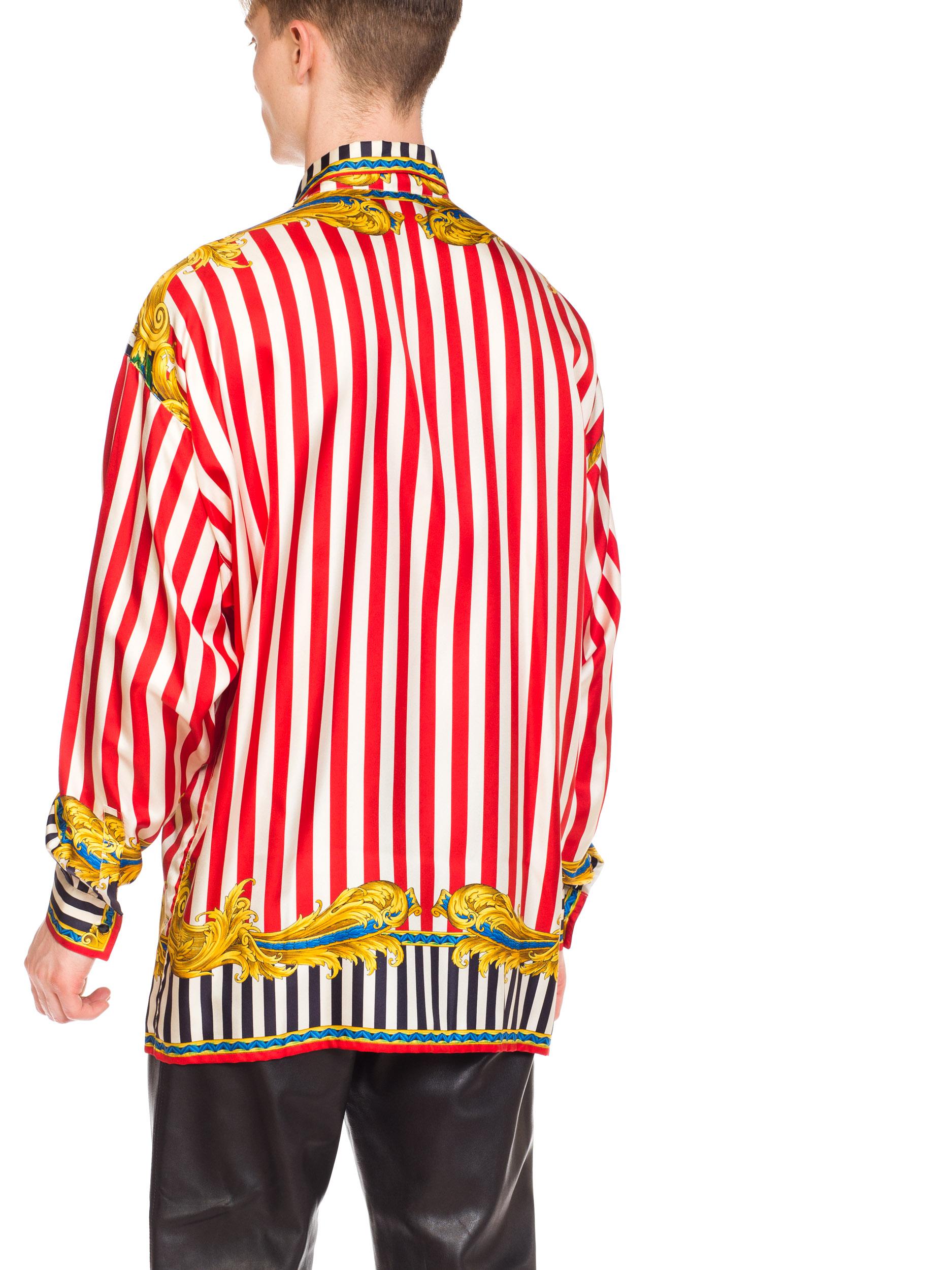 1990S GIANNI VERSACE Red & White Silk Men's Baroque Stripe Shirt 3