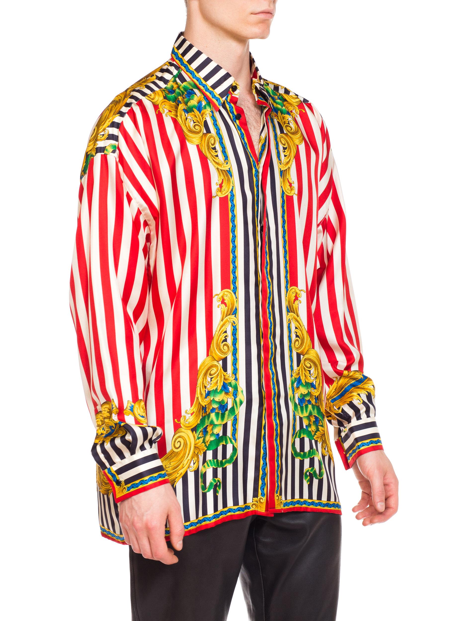 1990S GIANNI VERSACE Red & White Silk Men's Baroque Stripe Shirt 7