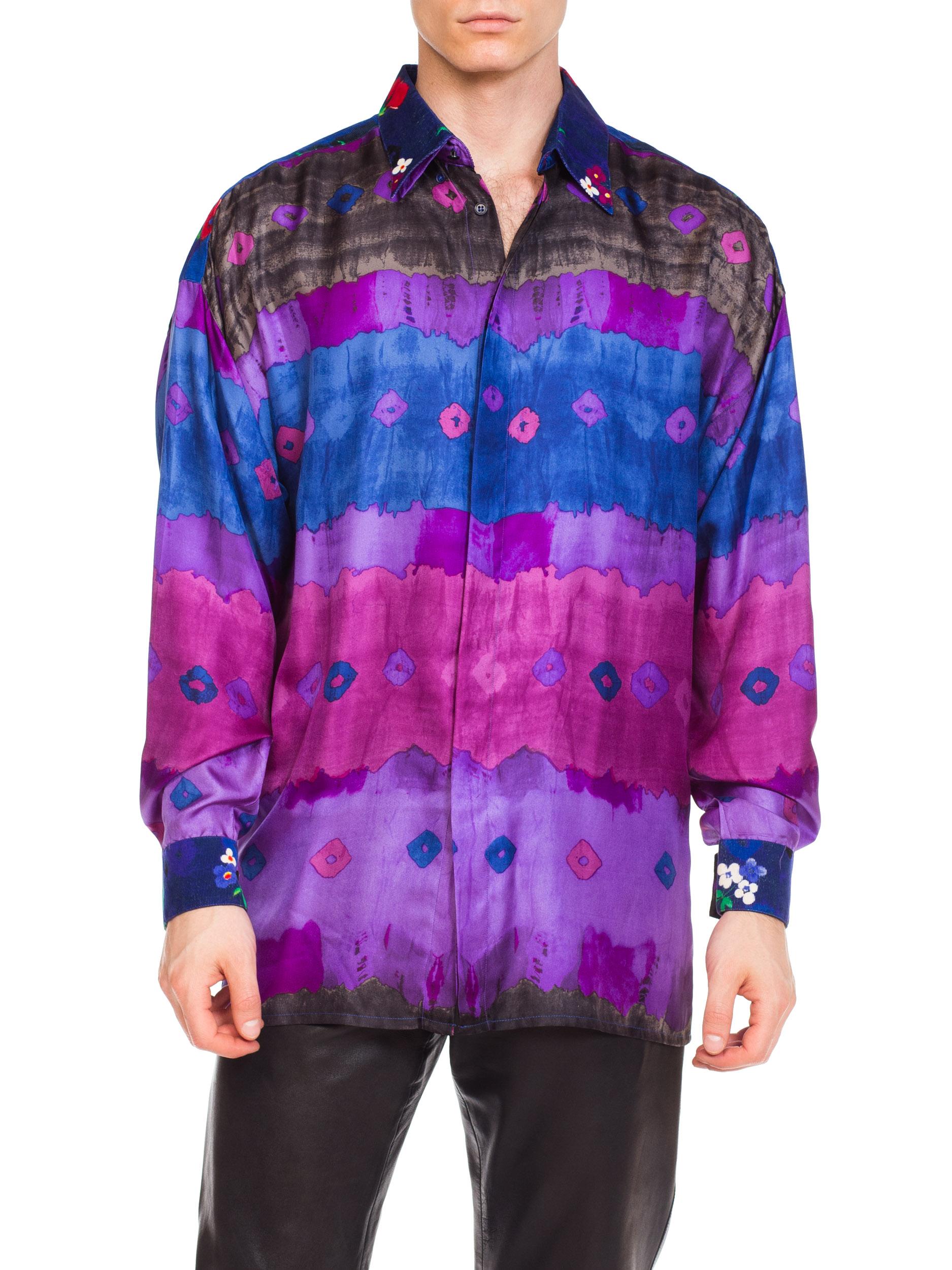 1990S GIANNI VERSACE Purple Tie Dyed Silk & Floral Printed Corduroy Men's  Shir For Sale 3