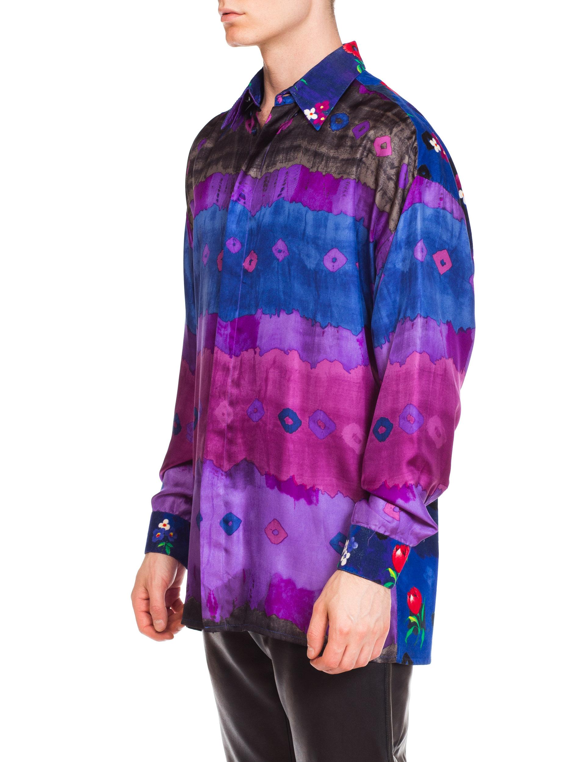 1990S GIANNI VERSACE Purple Tie Dyed Silk & Floral Printed Corduroy Men's  Shir For Sale 4