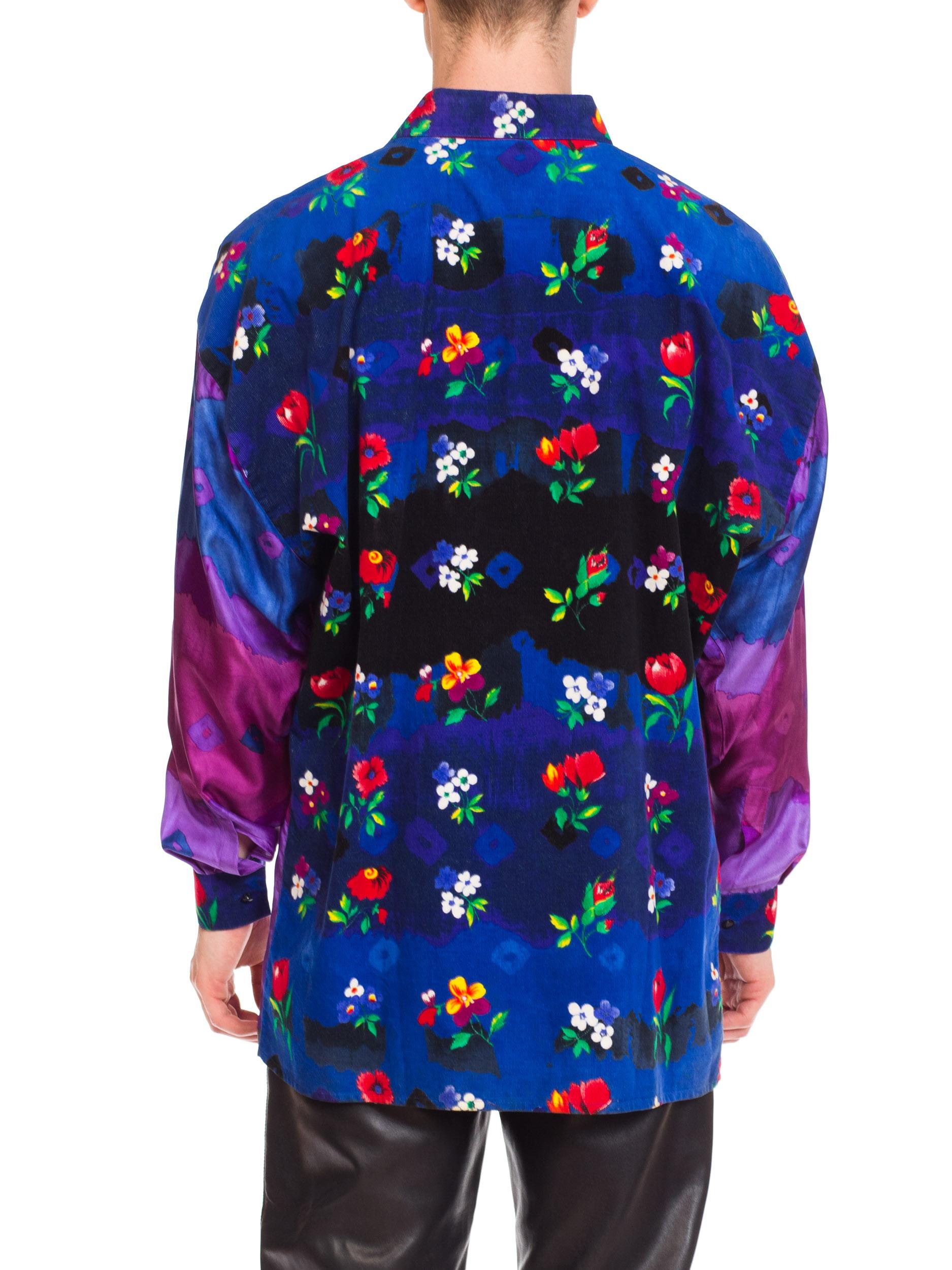 1990S GIANNI VERSACE Purple Tie Dyed Silk & Floral Printed Corduroy Men's  Shir 7