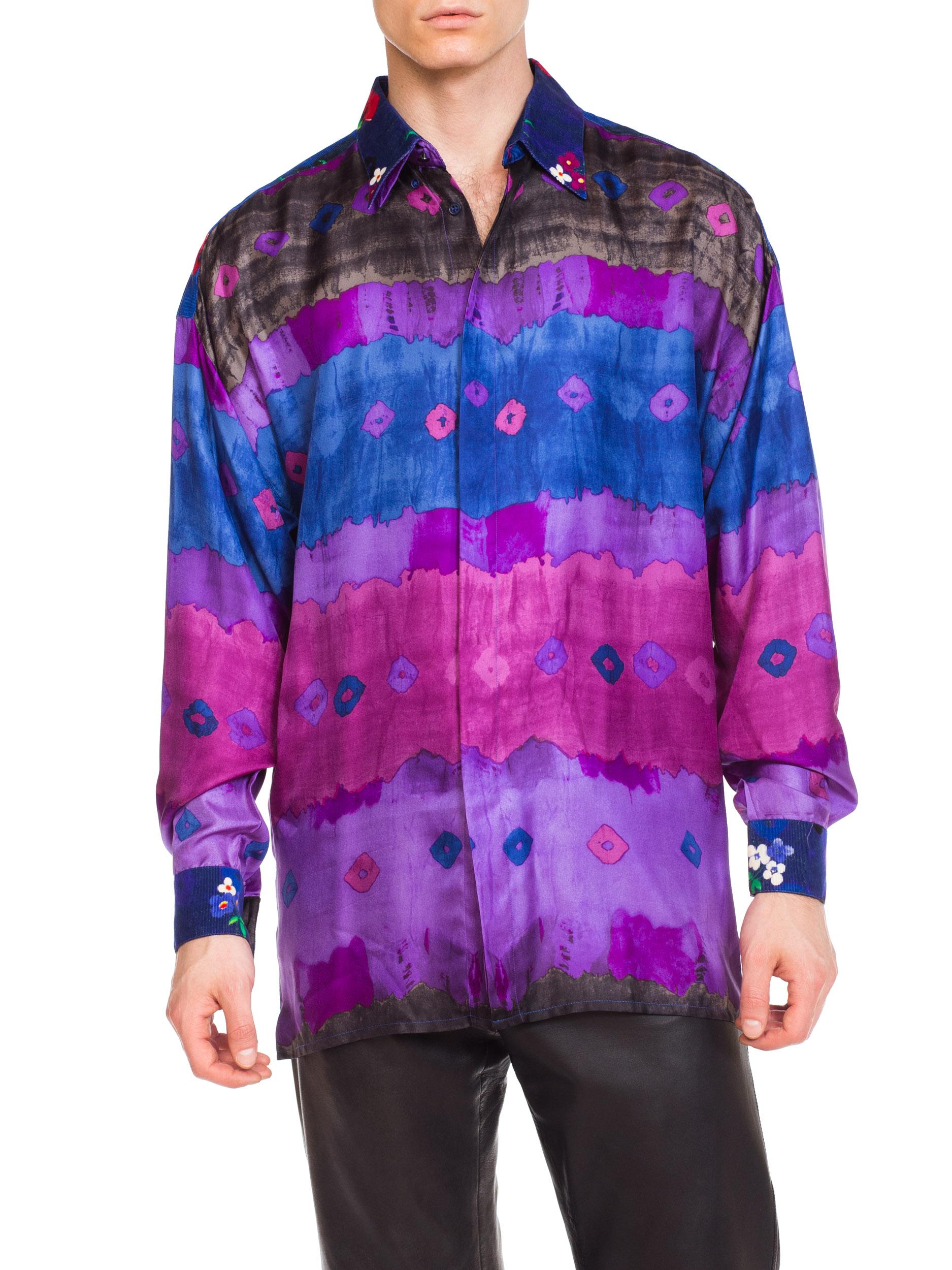 1990S GIANNI VERSACE Purple Tie Dyed Silk & Floral Printed Corduroy Men's  Shir For Sale 11