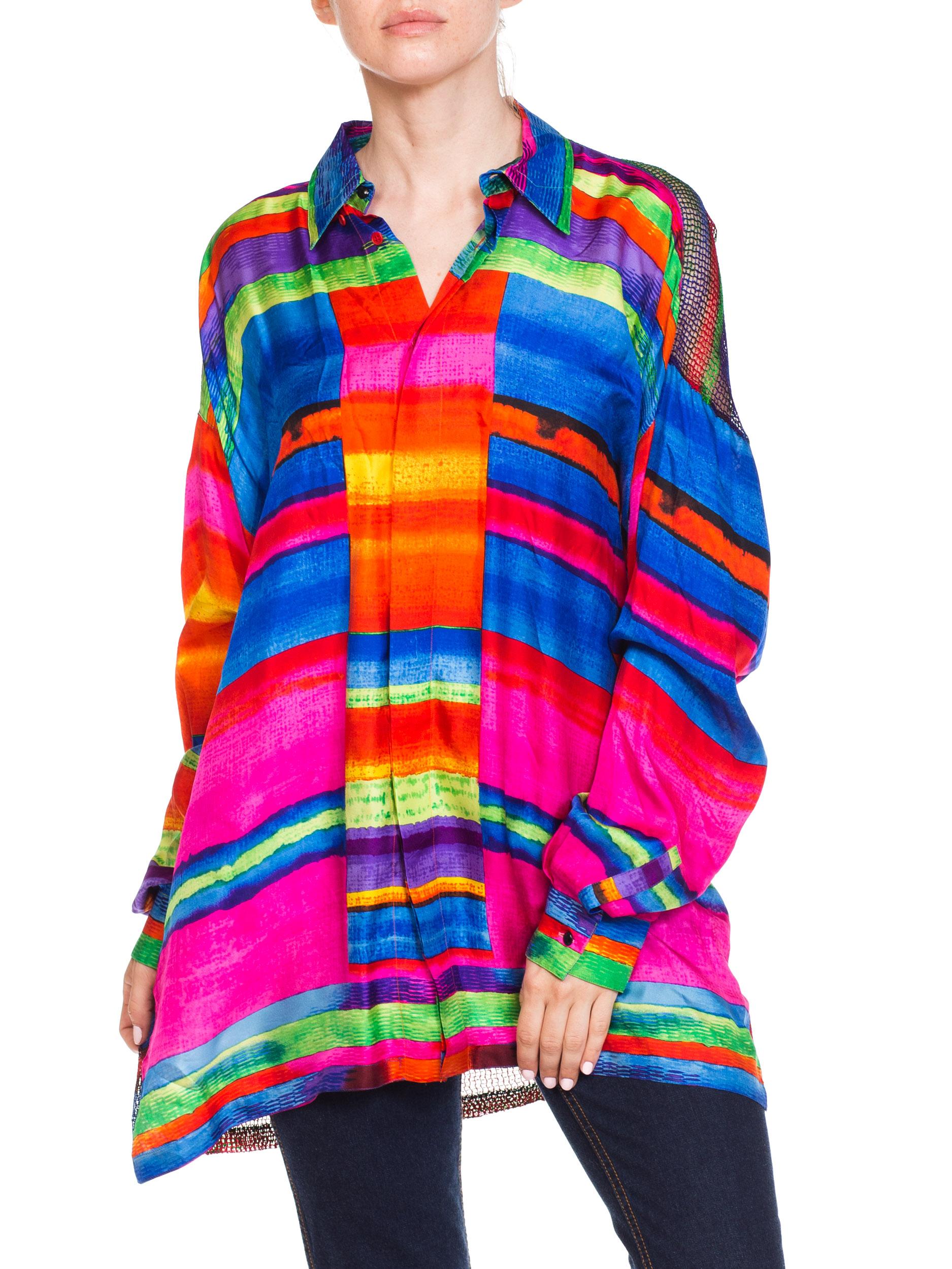 1990S GIANNI VERSACE Silk Men's Colorful Shirt With Sheer Net Back Panel 2