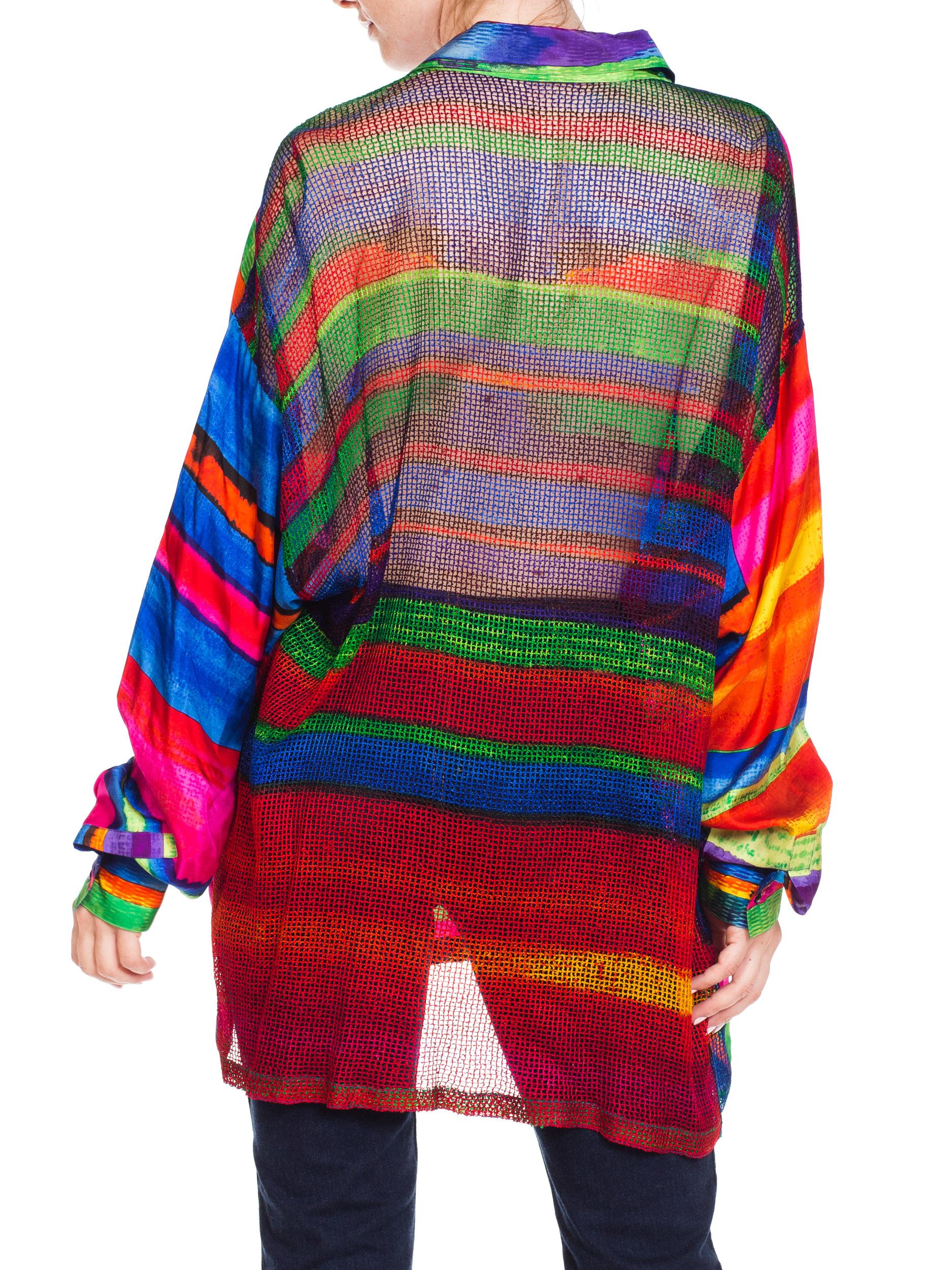 Red 1990S GIANNI VERSACE Silk Men's Colorful Shirt With Sheer Net Back Panel
