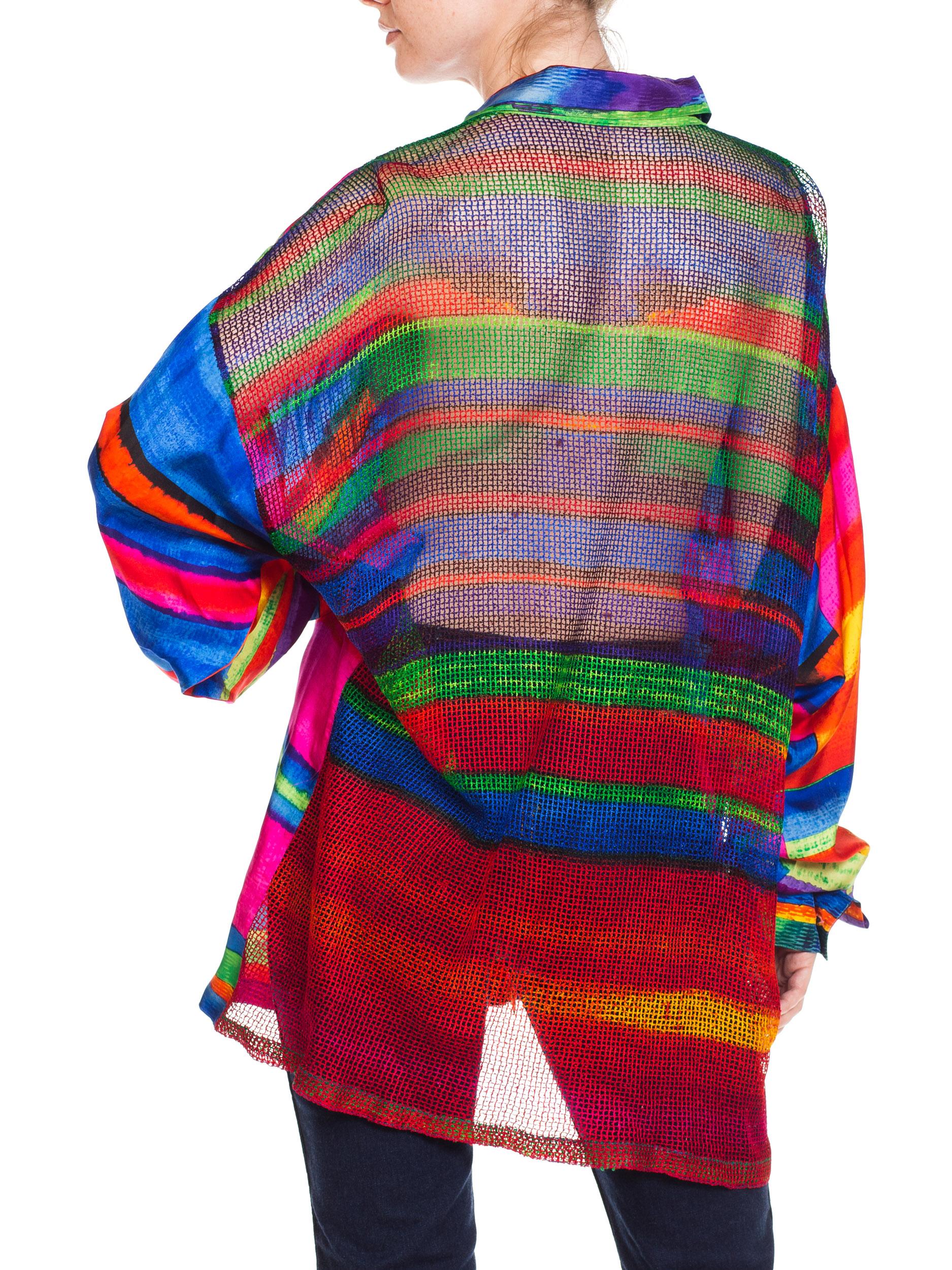 1990S GIANNI VERSACE Silk Men's Colorful Shirt With Sheer Net Back Panel In Excellent Condition In New York, NY