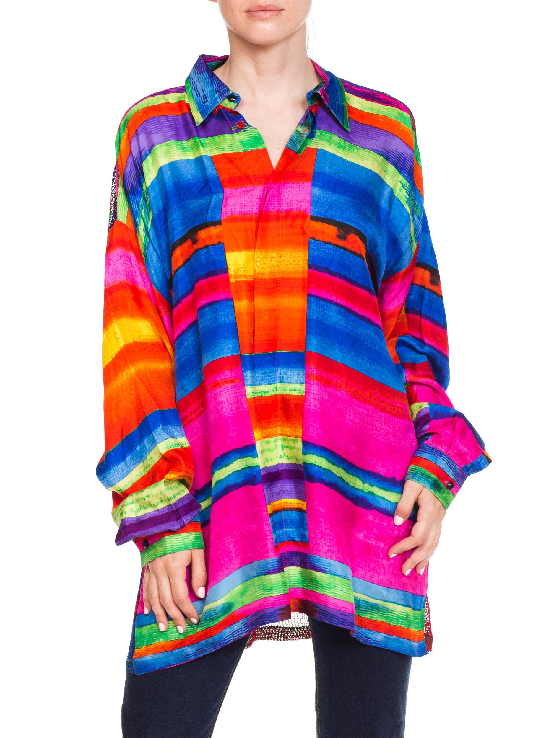 1990S GIANNI VERSACE Silk Men's Colorful Shirt With Sheer Net Back Panel 3