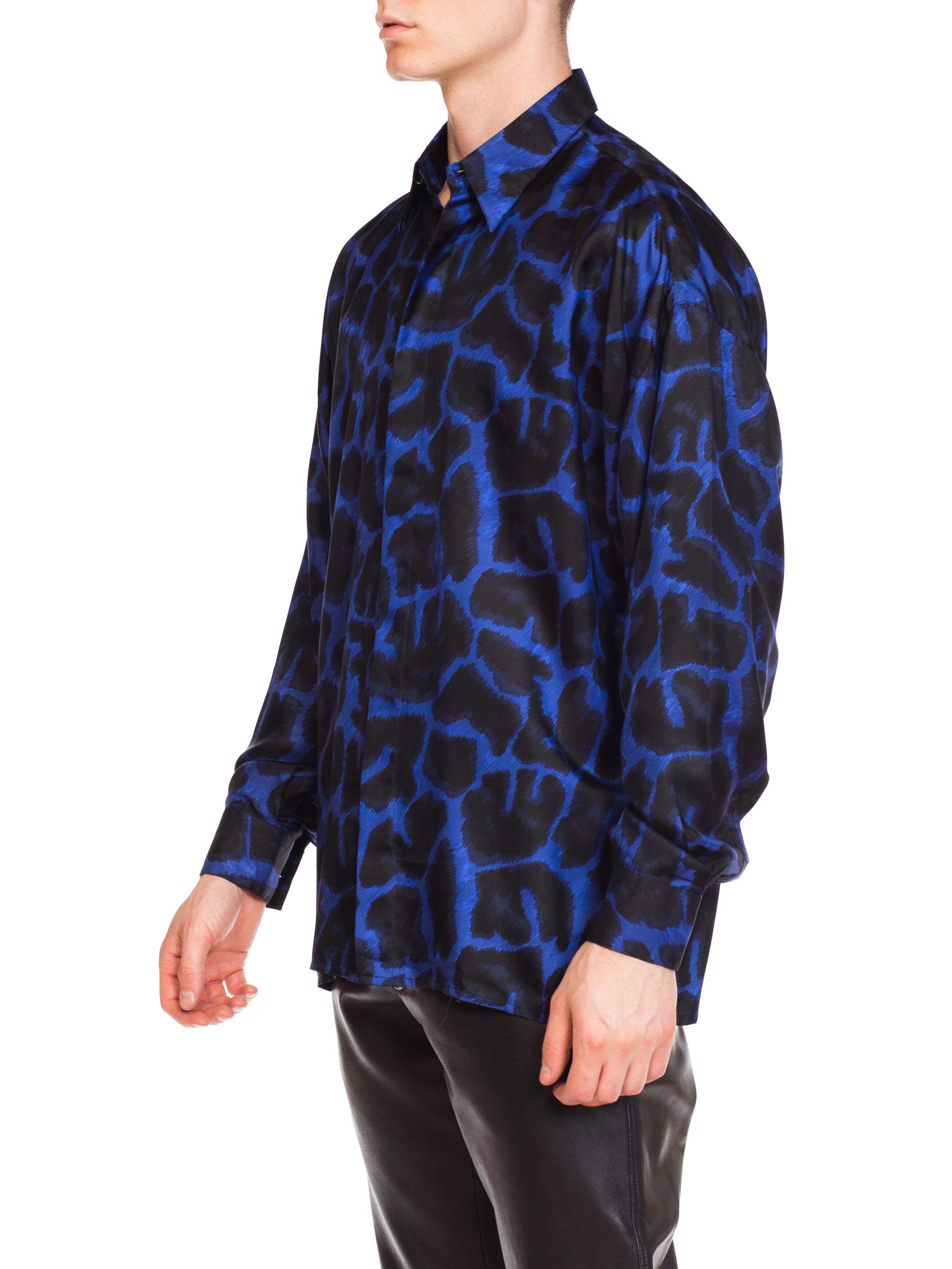 Early 1990s Men's Istante Versace Blue Leopard Silk Shirt In Excellent Condition In New York, NY