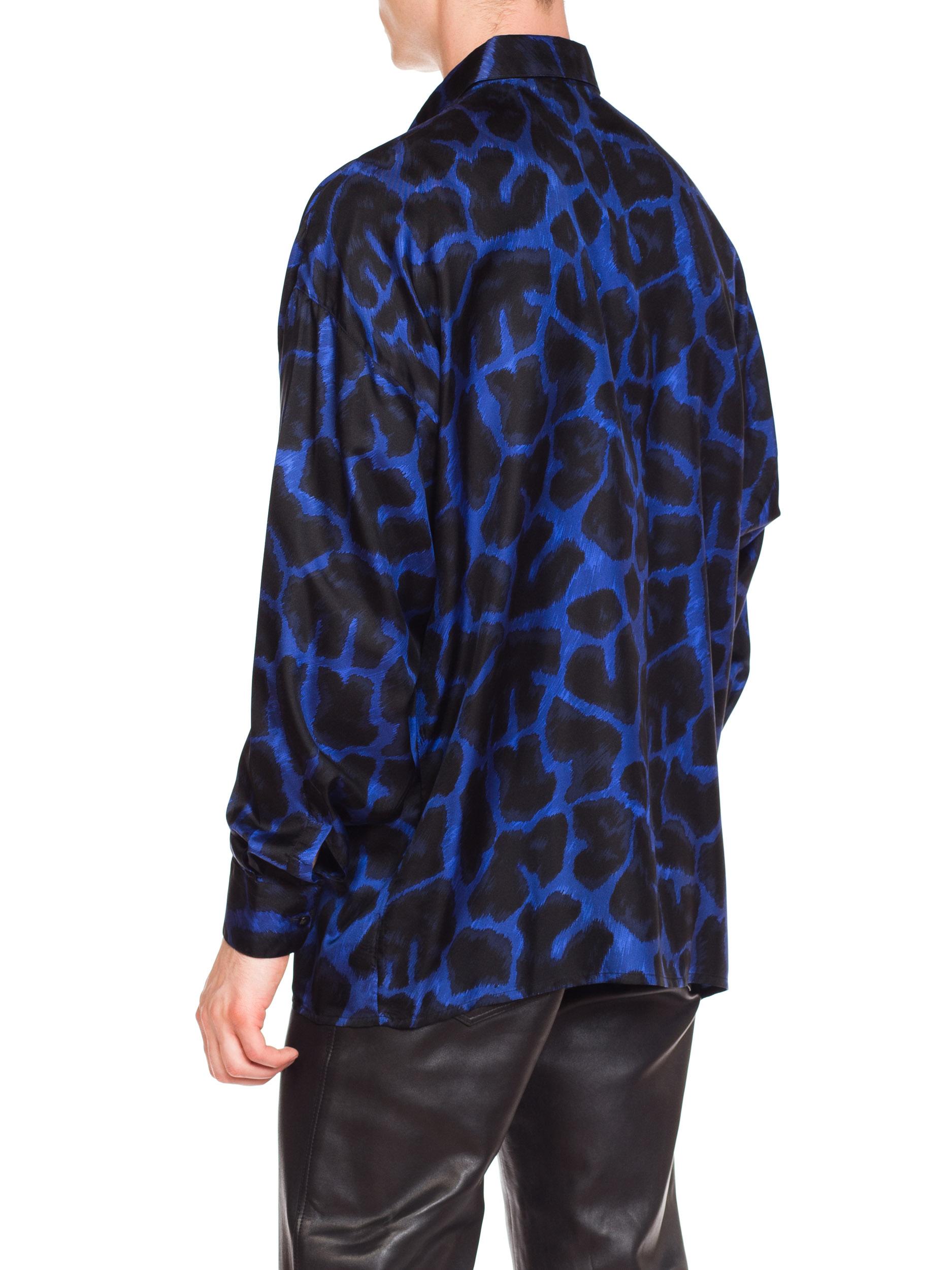 Early 1990s Men's Istante Versace Blue Leopard Silk Shirt 2