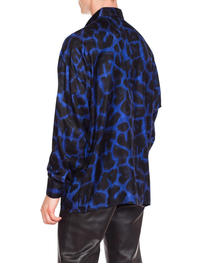 Early 1990s Men's Istante Versace Blue Leopard Silk Shirt at 1stDibs