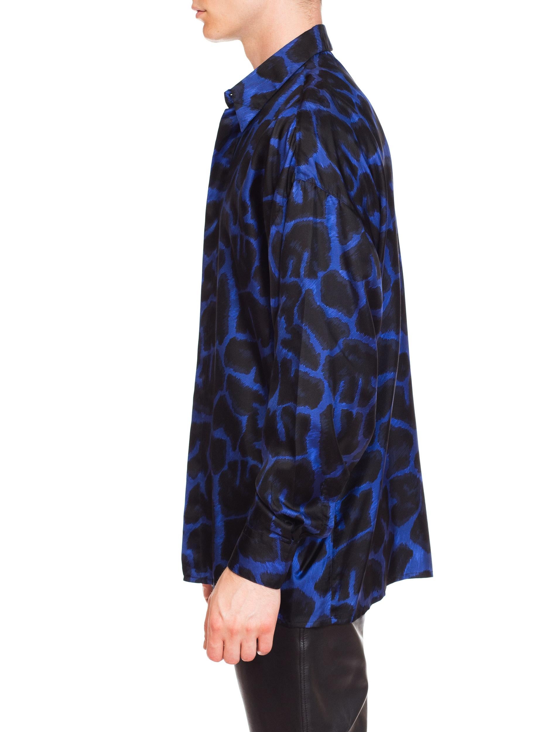 Early 1990s Men's Istante Versace Blue Leopard Silk Shirt 1