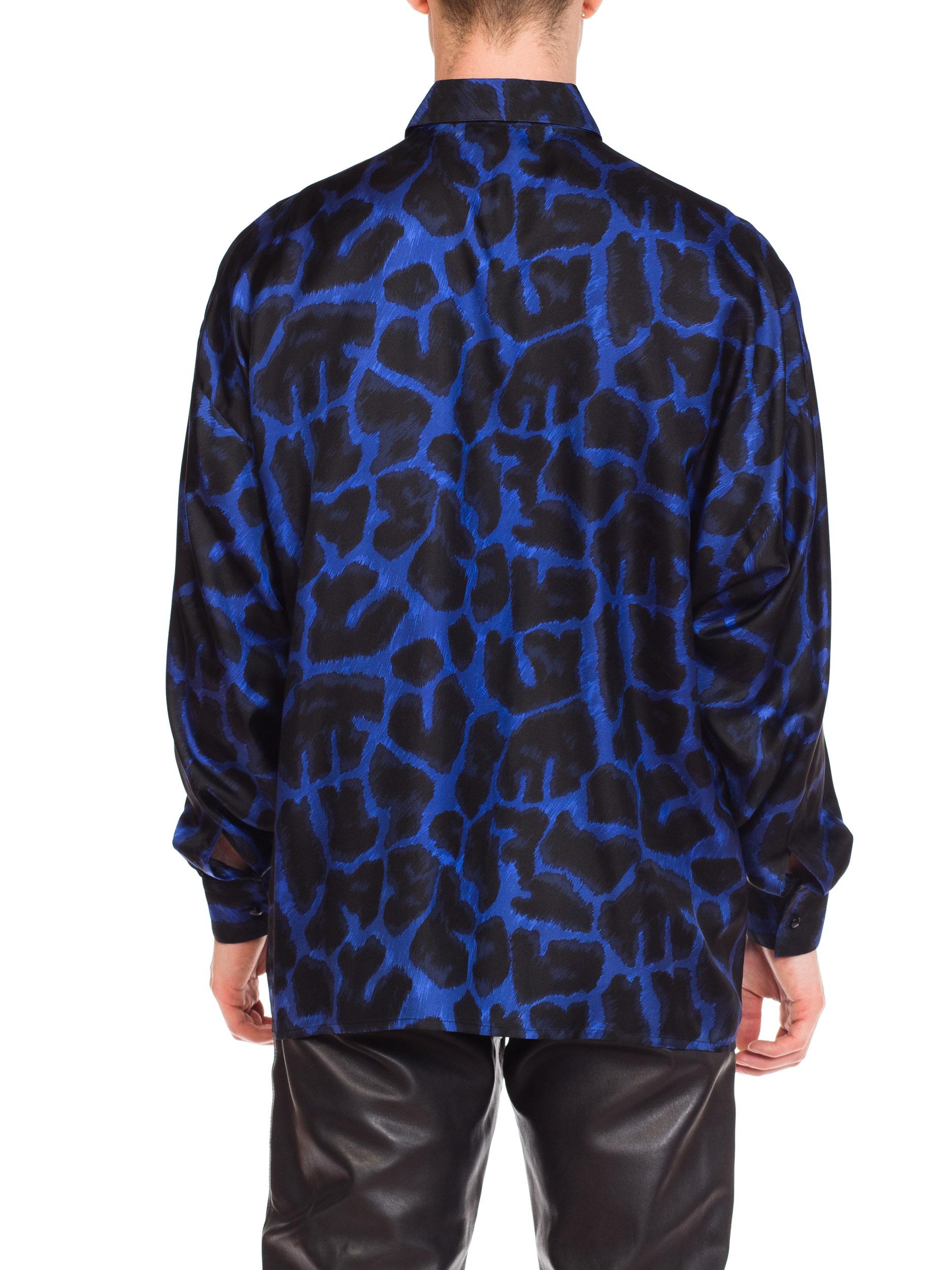 Early 1990s Men's Istante Versace Blue Leopard Silk Shirt 3