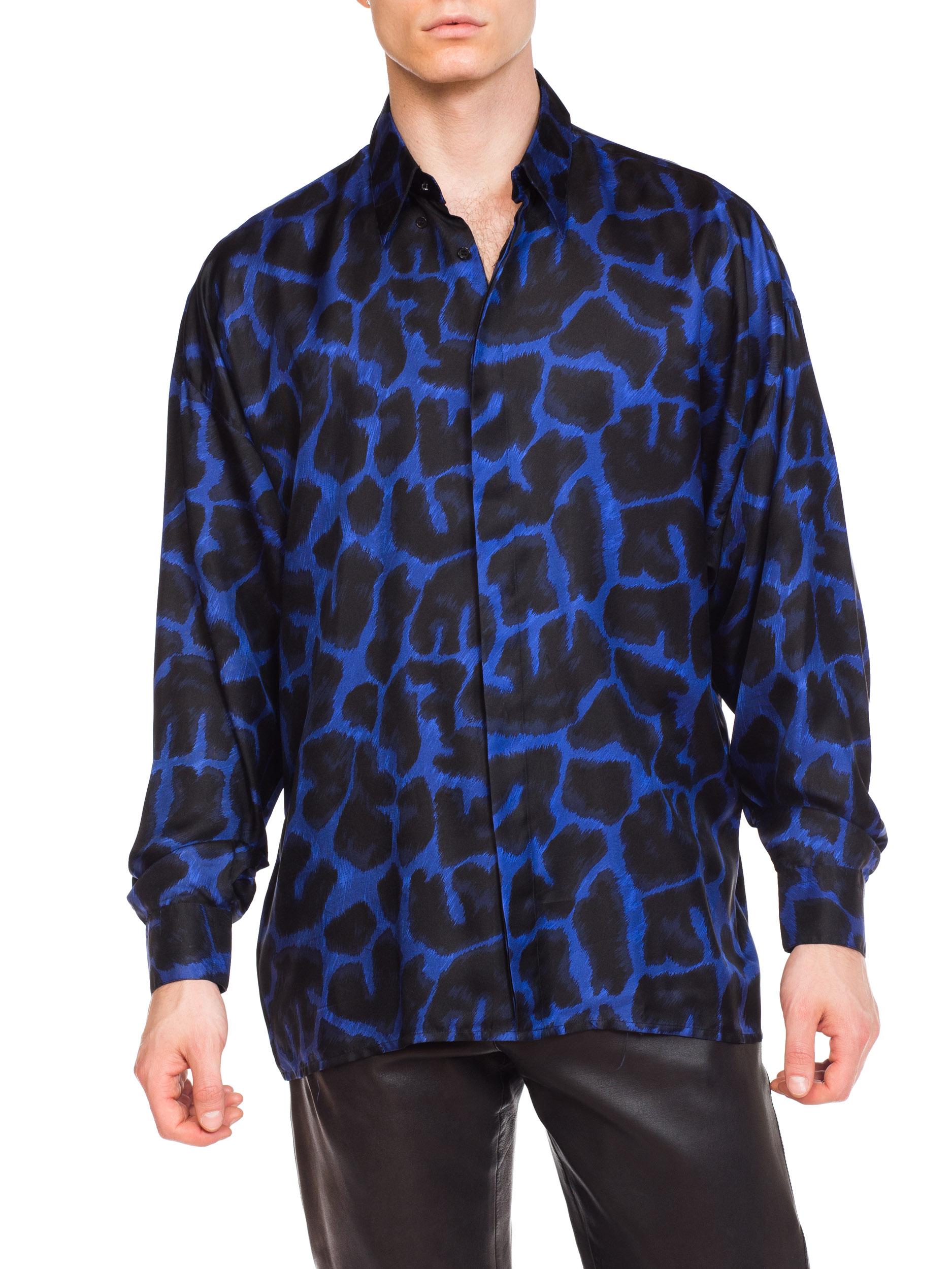 Early 1990s Men's Istante Versace Blue Leopard Silk Shirt 7