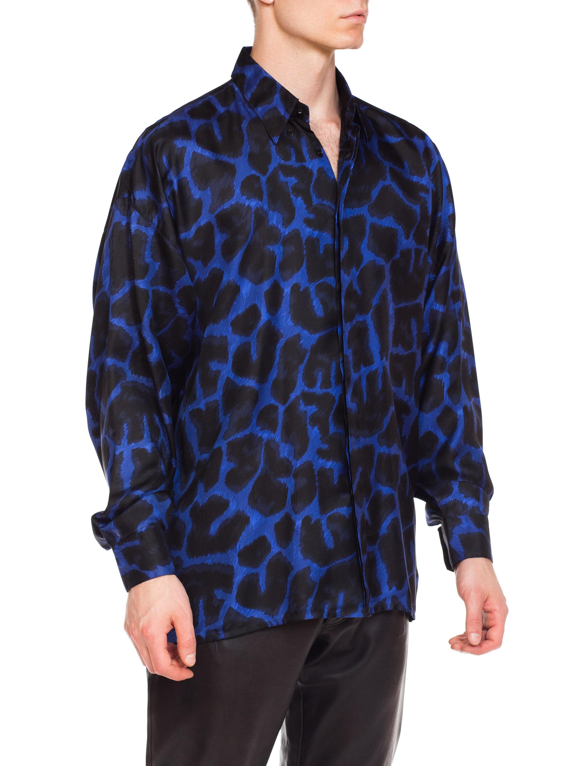 Early 1990s Men's Istante Versace Blue Leopard Silk Shirt 6