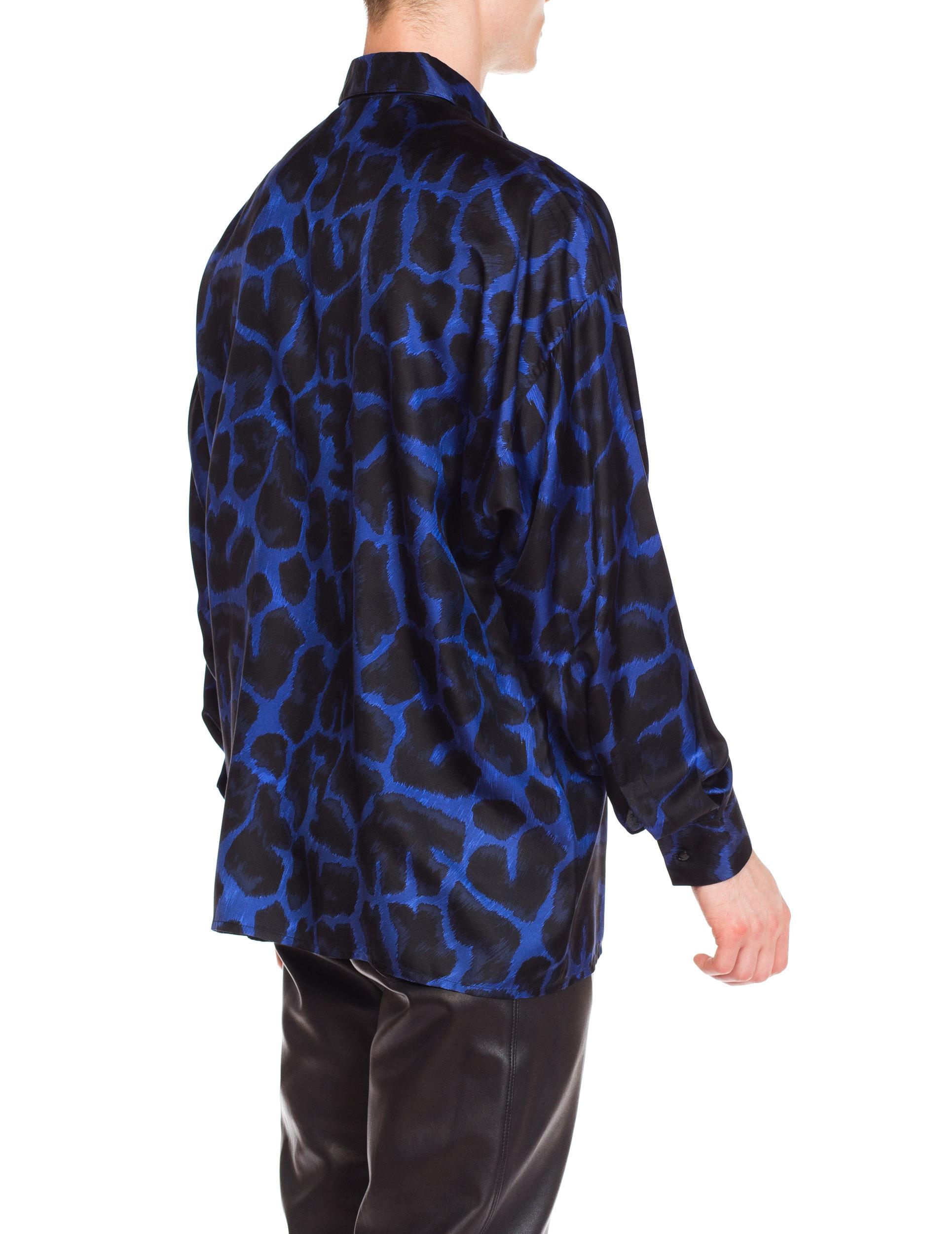 Early 1990s Men's Istante Versace Blue Leopard Silk Shirt 4