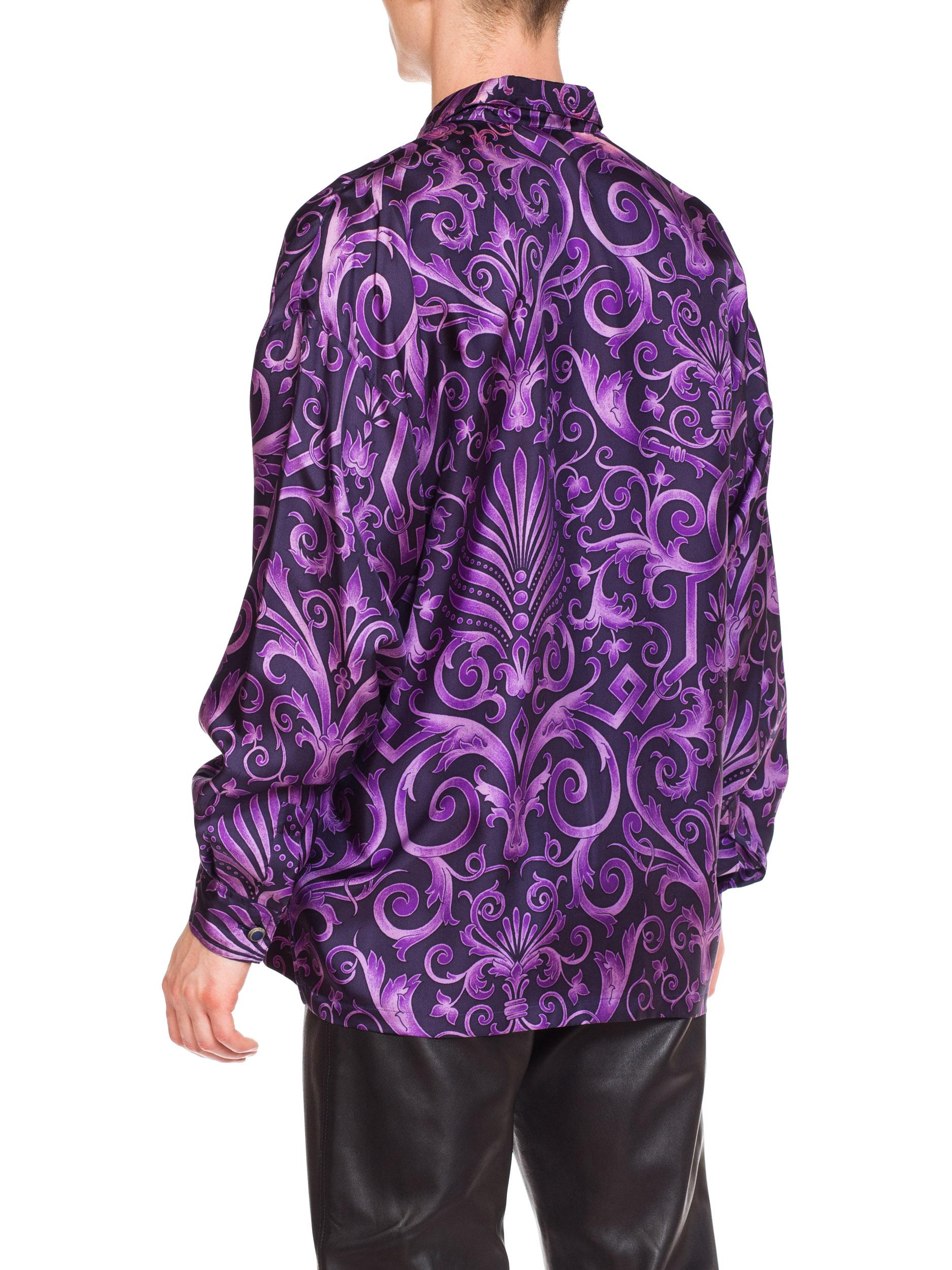 1990s Men's Gianni Versace Purple Baroque Print Silk Shirt In Good Condition In New York, NY