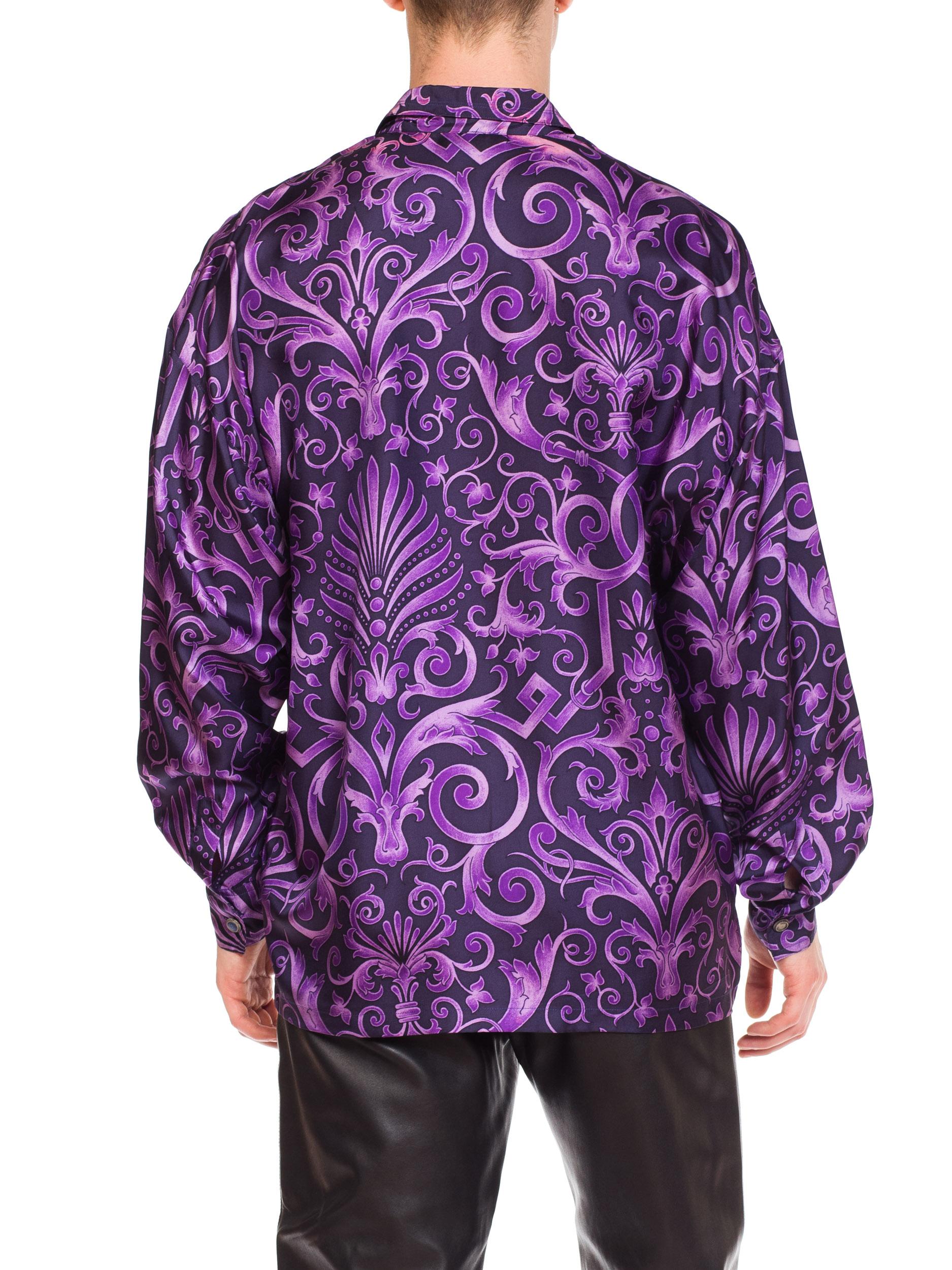 1990s Men's Gianni Versace Purple Baroque Print Silk Shirt 1