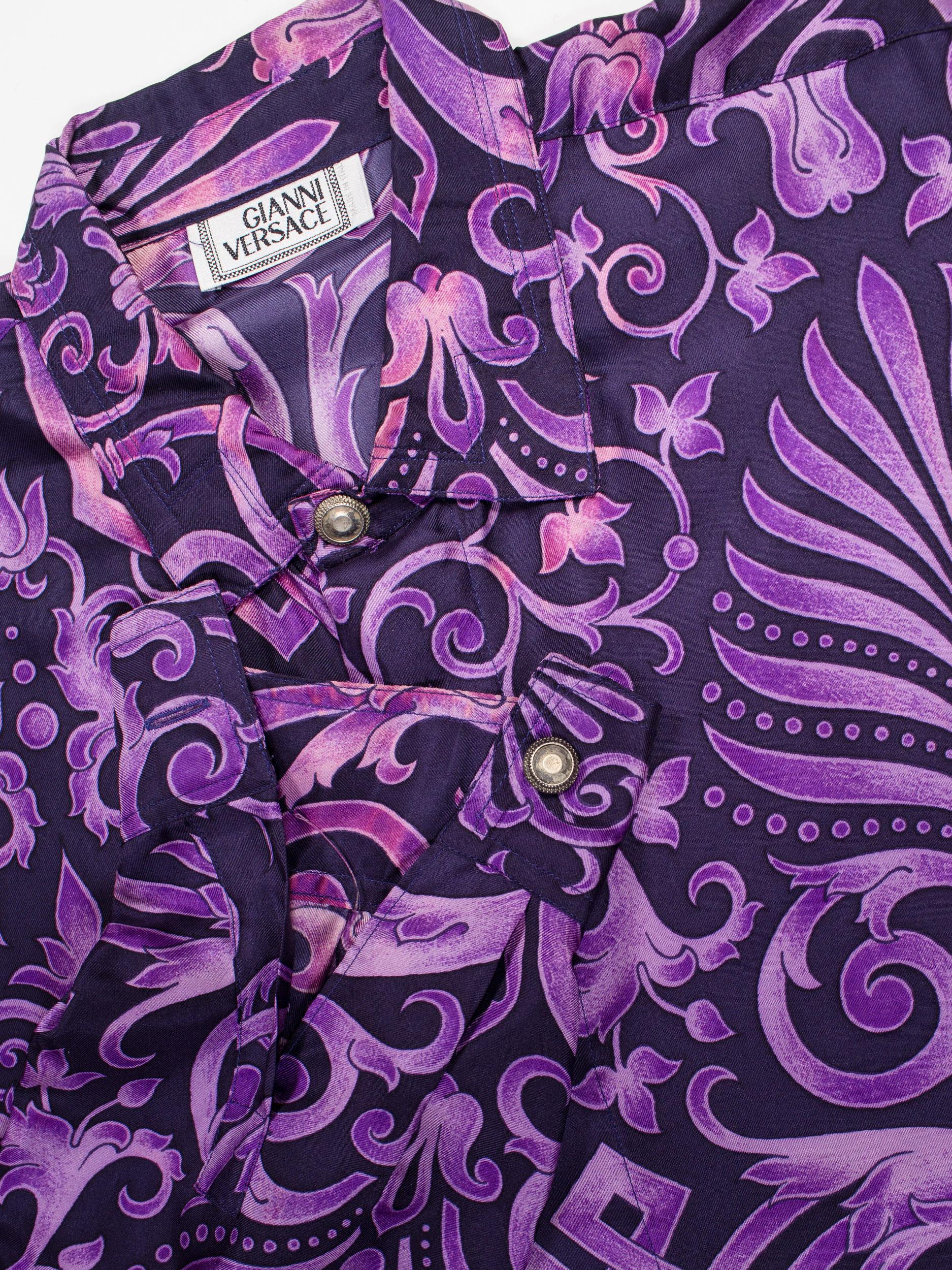 1990s Men's Gianni Versace Purple Baroque Print Silk Shirt 2