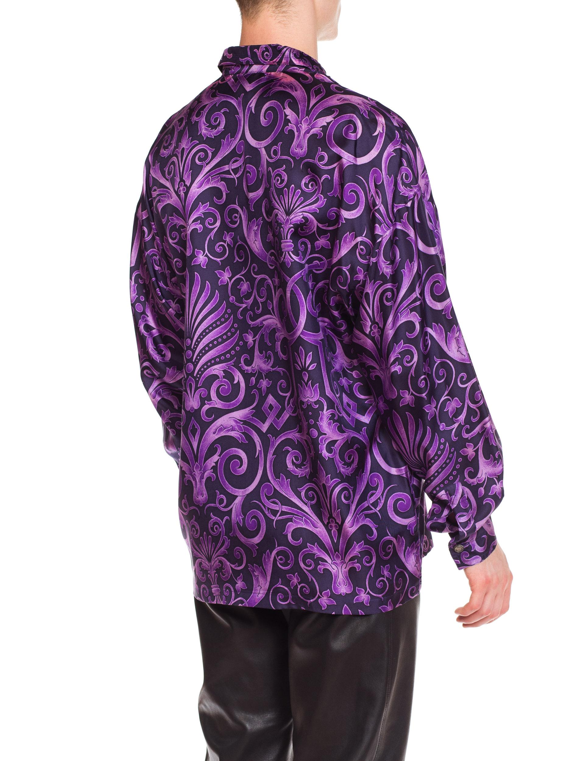 1990s Men's Gianni Versace Purple Baroque Print Silk Shirt 3