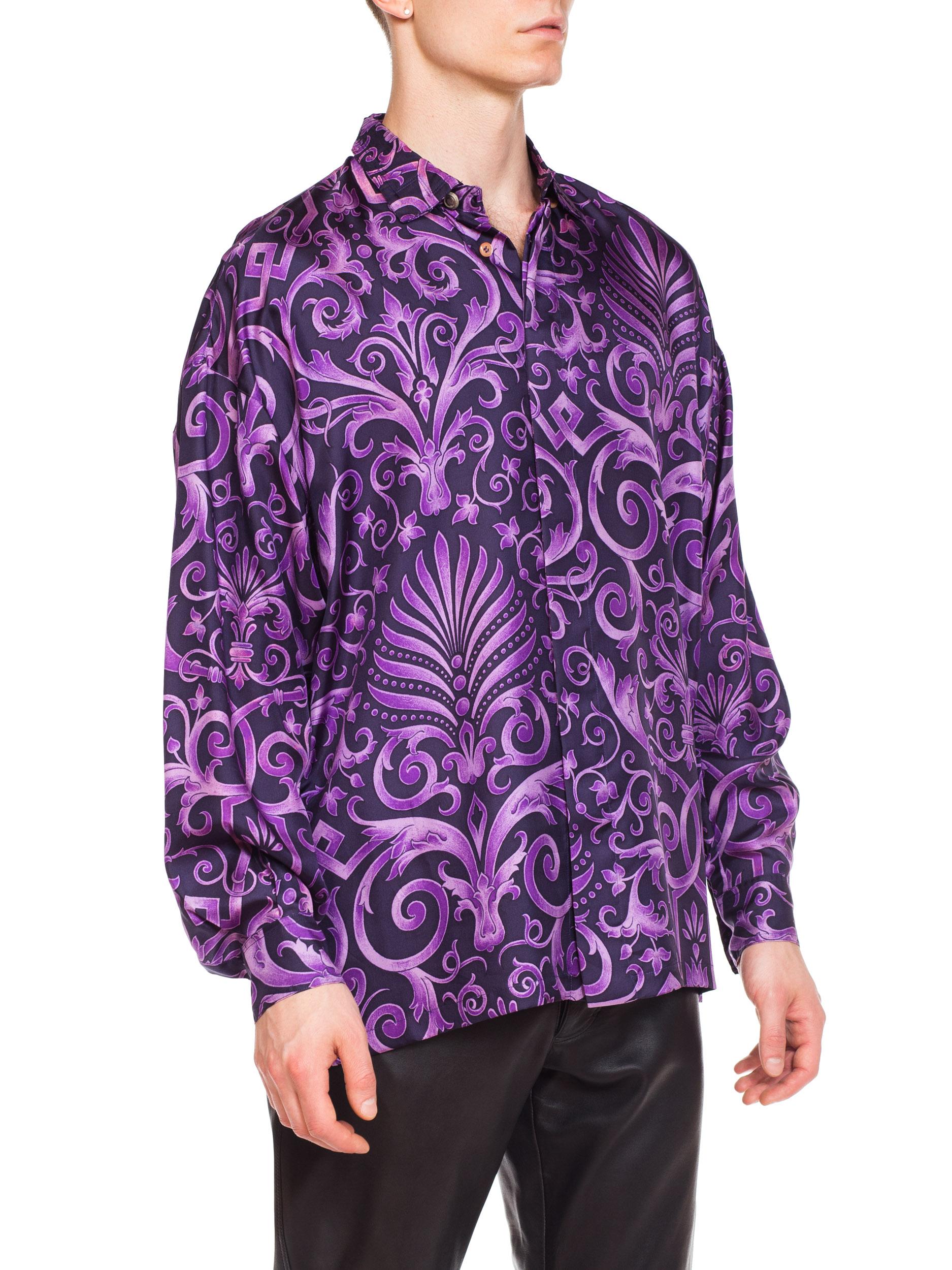 1990s Men's Gianni Versace Purple Baroque Print Silk Shirt 5