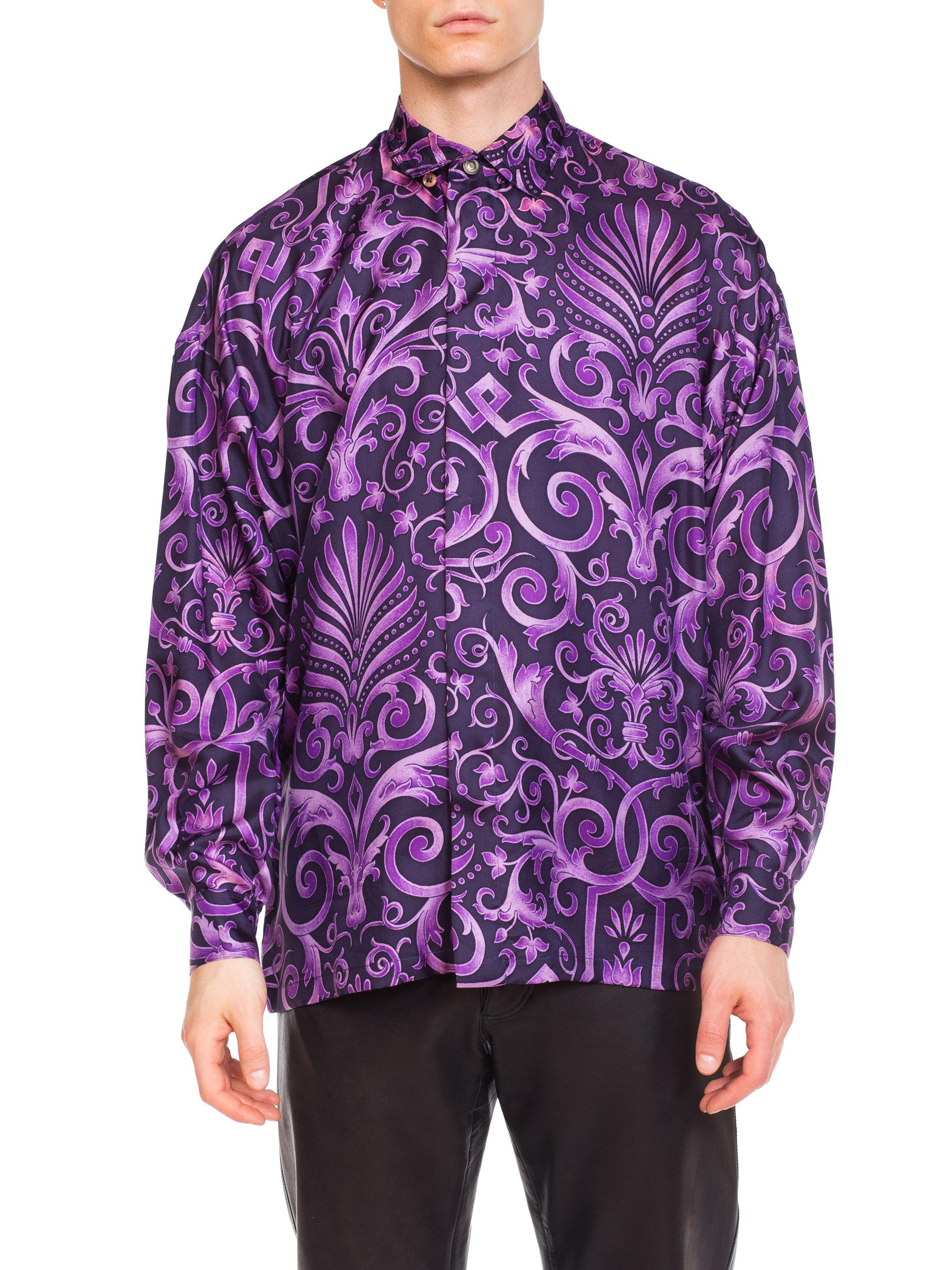 1990s Men's Gianni Versace Purple Baroque Print Silk Shirt 6