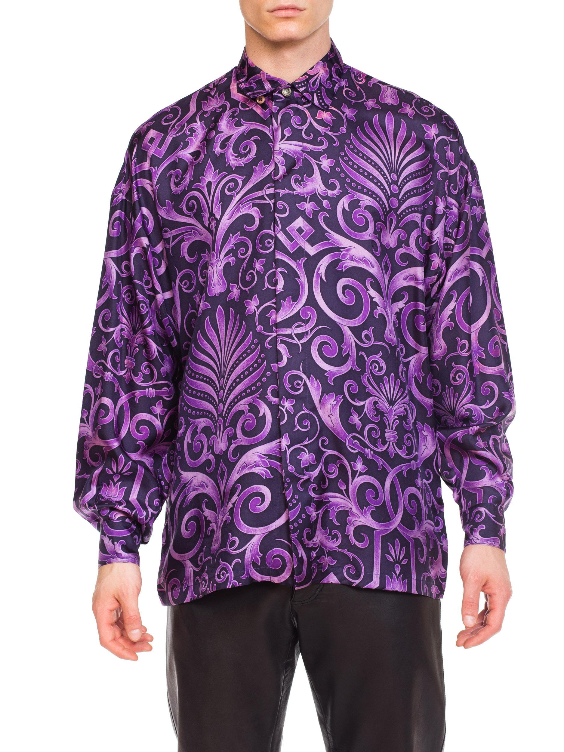 1990s Men's Gianni Versace Purple Baroque Print Silk Shirt 7