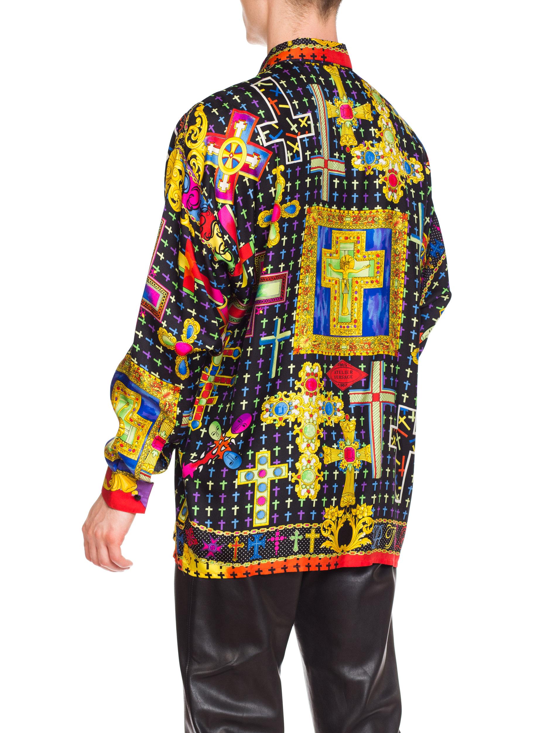 1990s Men's Gianni Versace Baroque Silk Shirt With Crosses 2