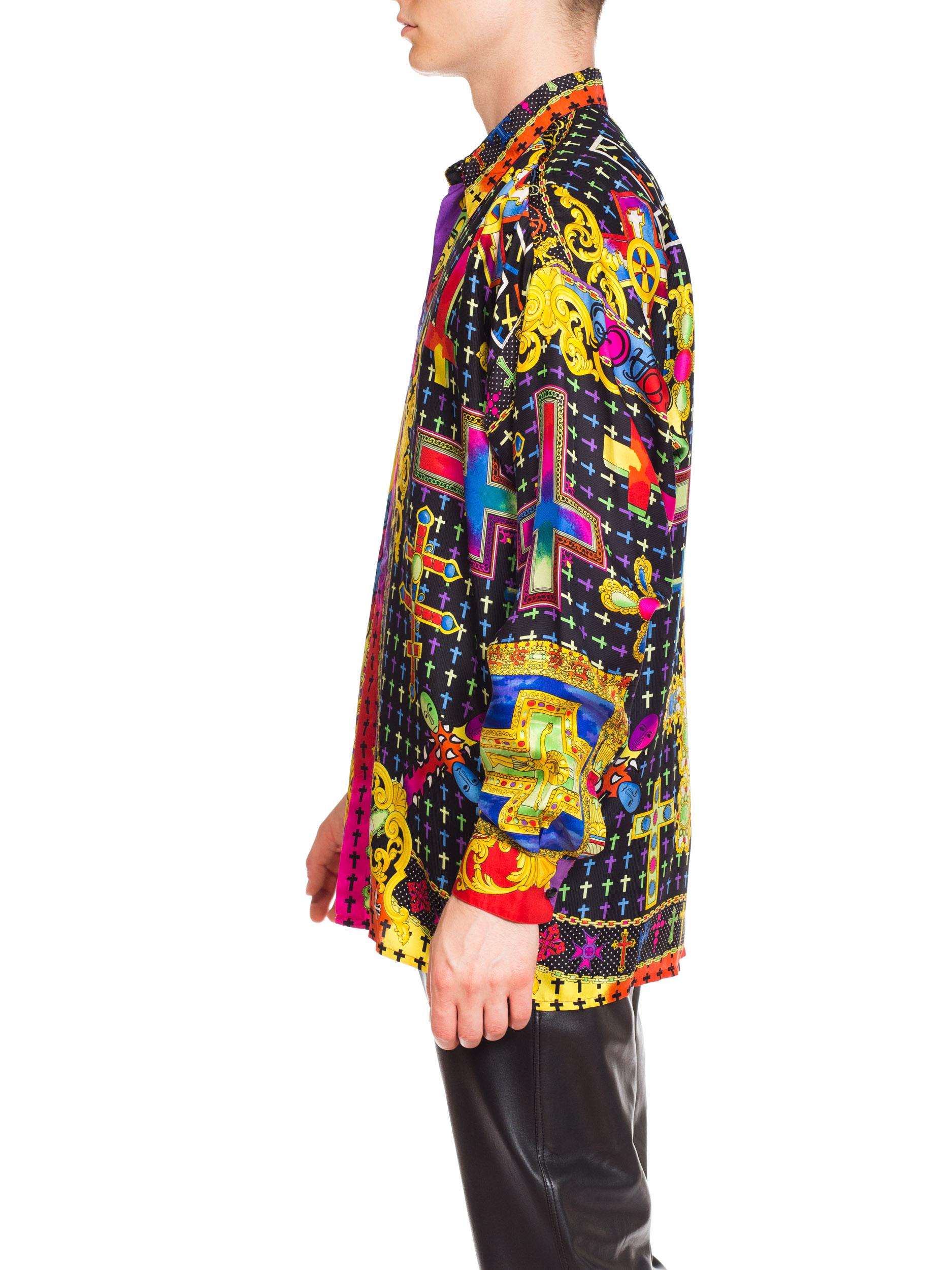 1990s Men's Gianni Versace Baroque Silk Shirt With Crosses 1