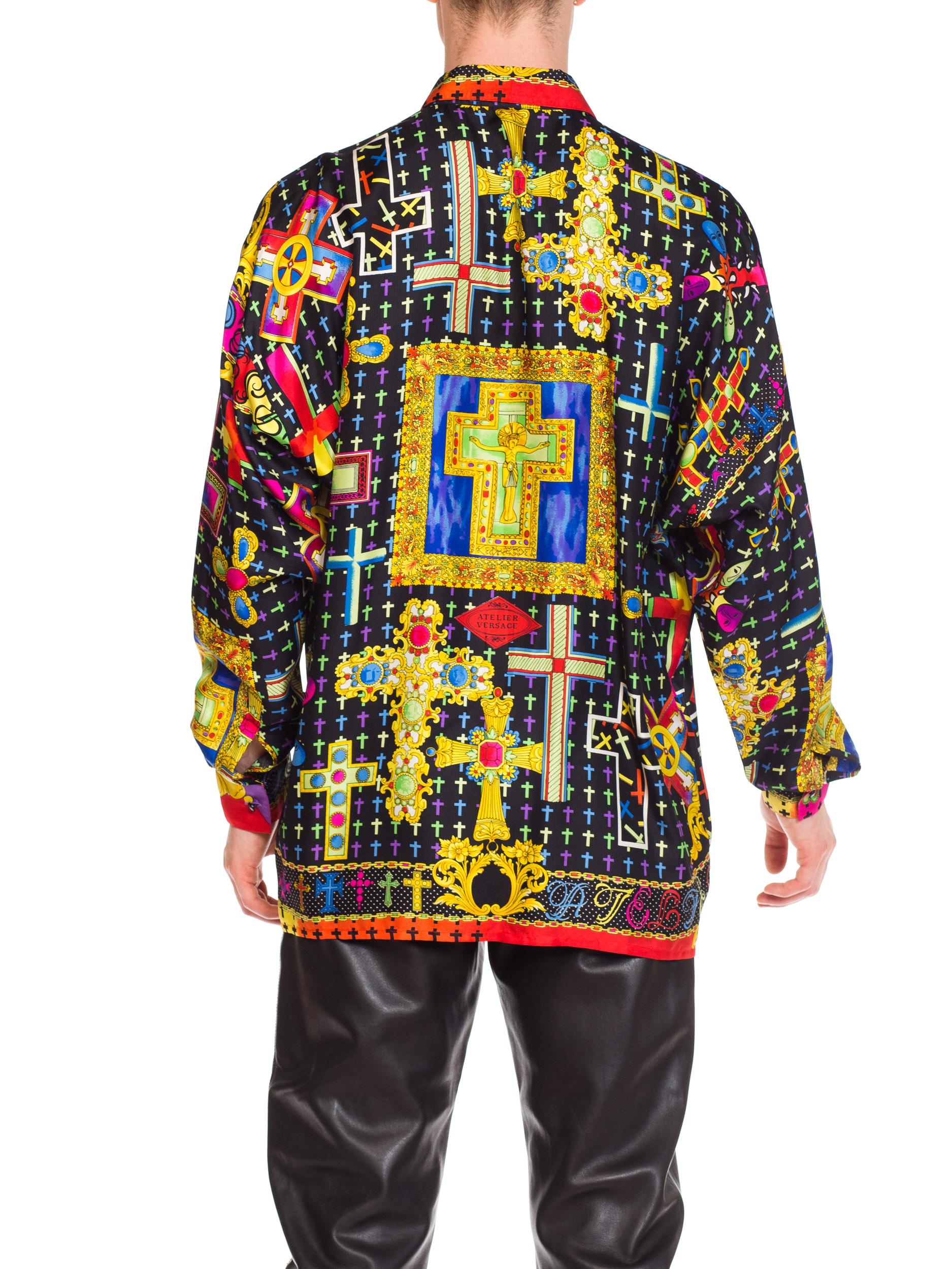 1990s Men's Gianni Versace Baroque Silk Shirt With Crosses 3