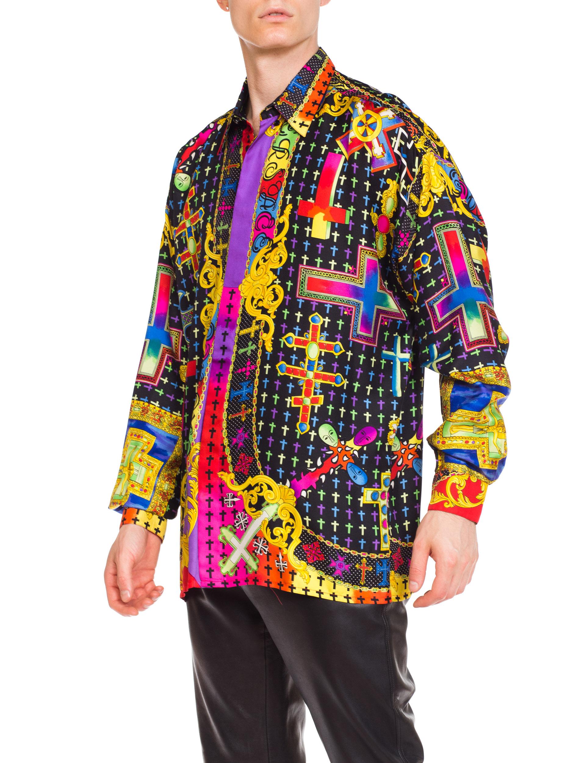 1990s Men's Gianni Versace Baroque Silk Shirt With Crosses In Excellent Condition In New York, NY
