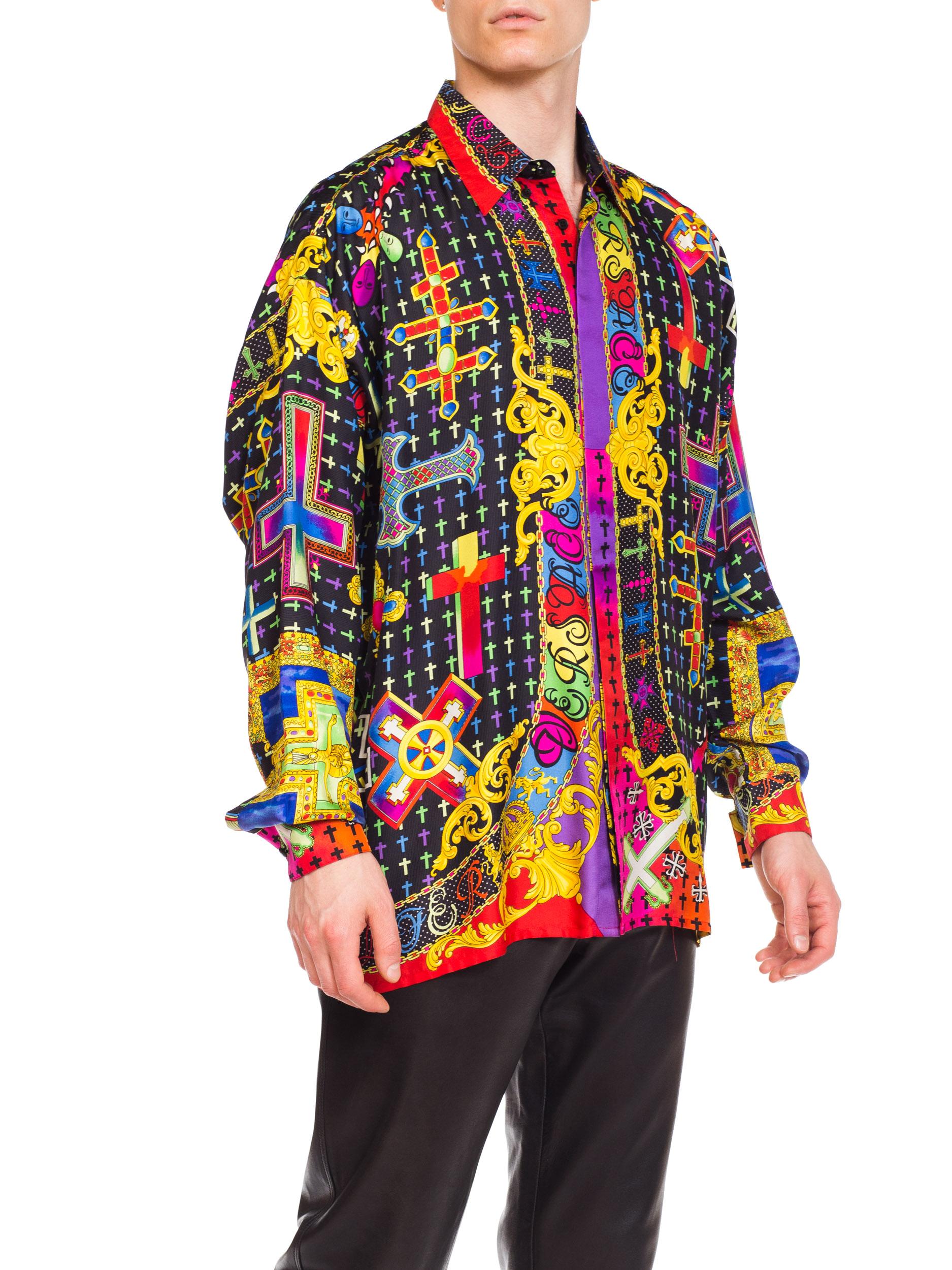 1990s Men's Gianni Versace Baroque Silk Shirt With Crosses 6