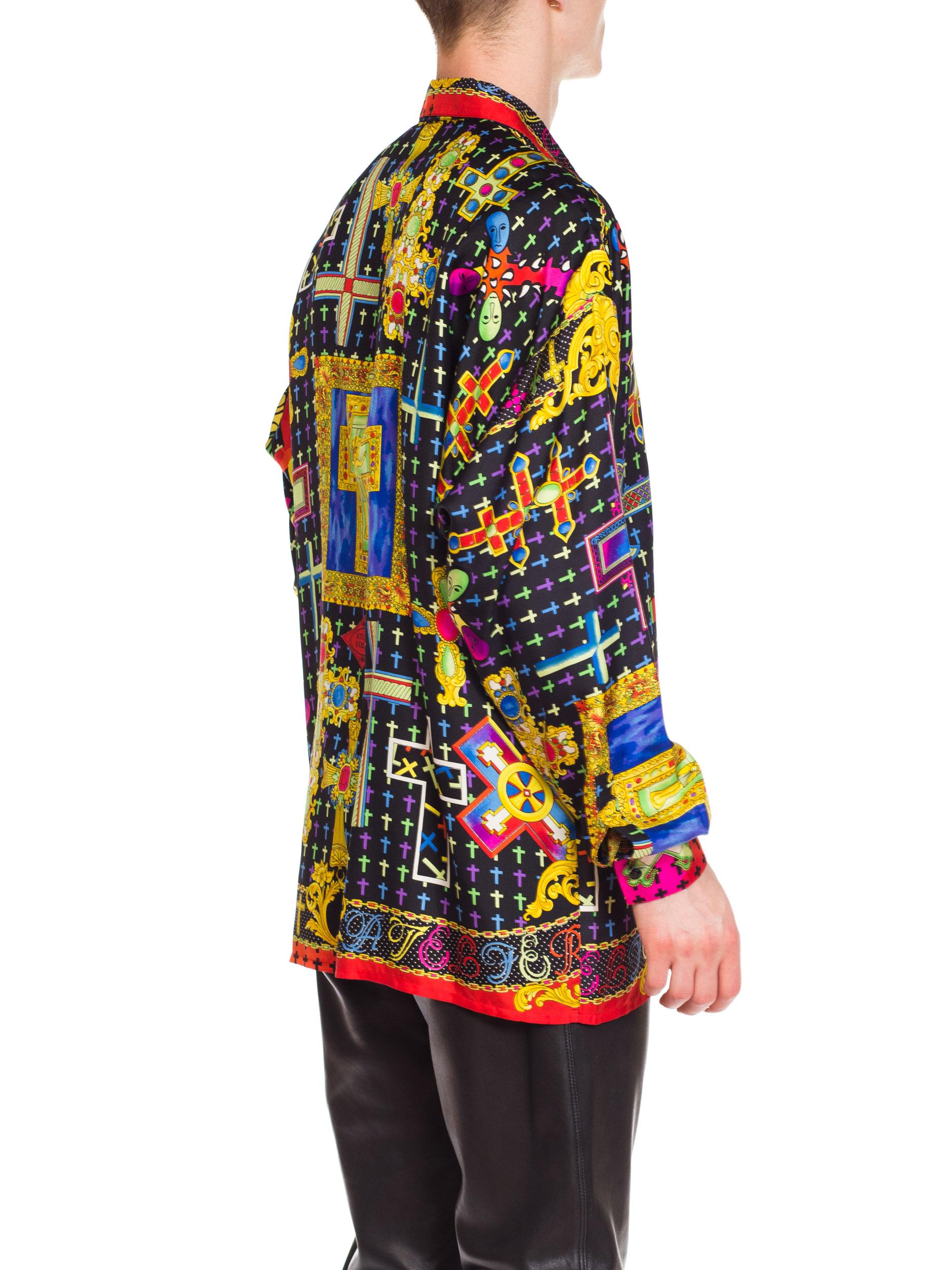 1990s Men's Gianni Versace Baroque Silk Shirt With Crosses 4
