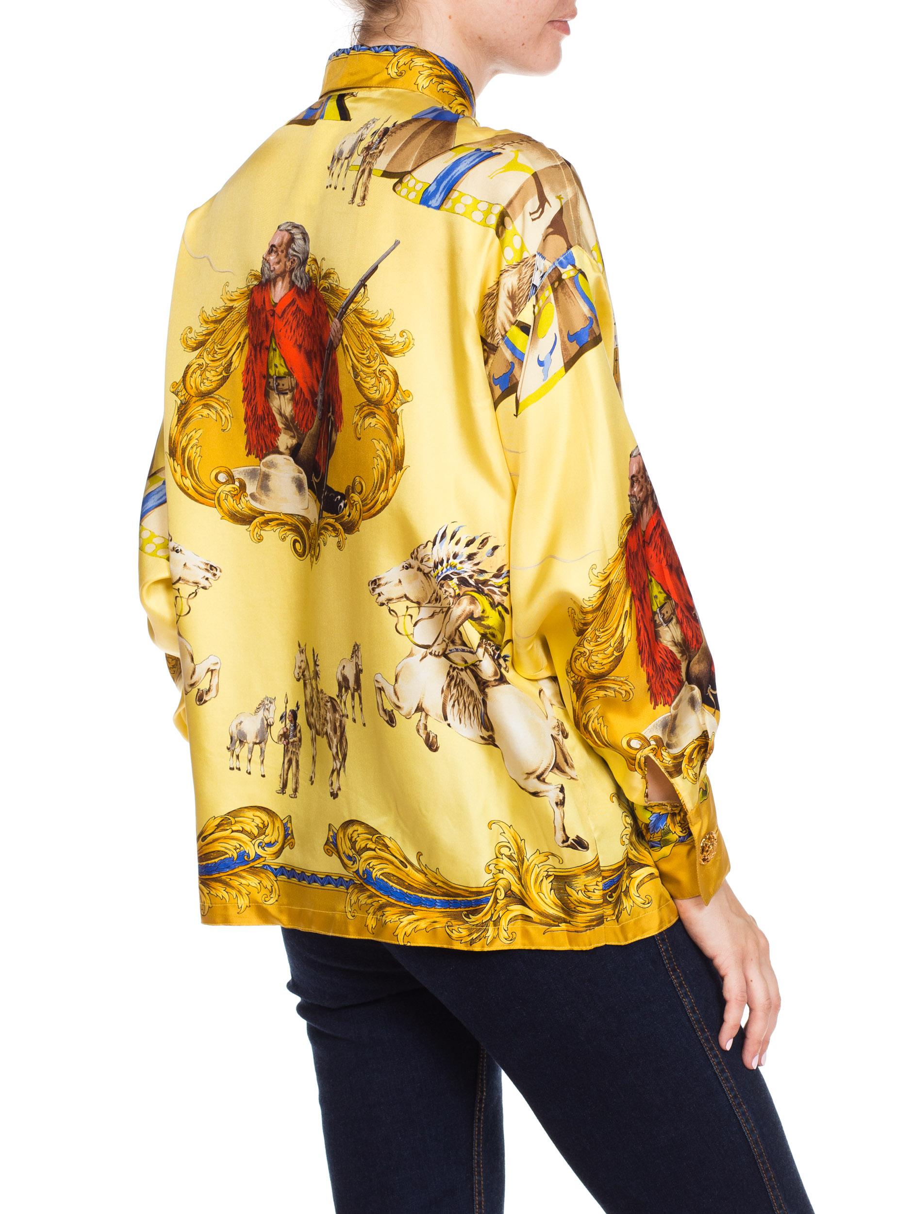 1990S GIANNI VERSACE Pale Yellow Silk Buffalo Bill Native American Print Shirt  For Sale 1