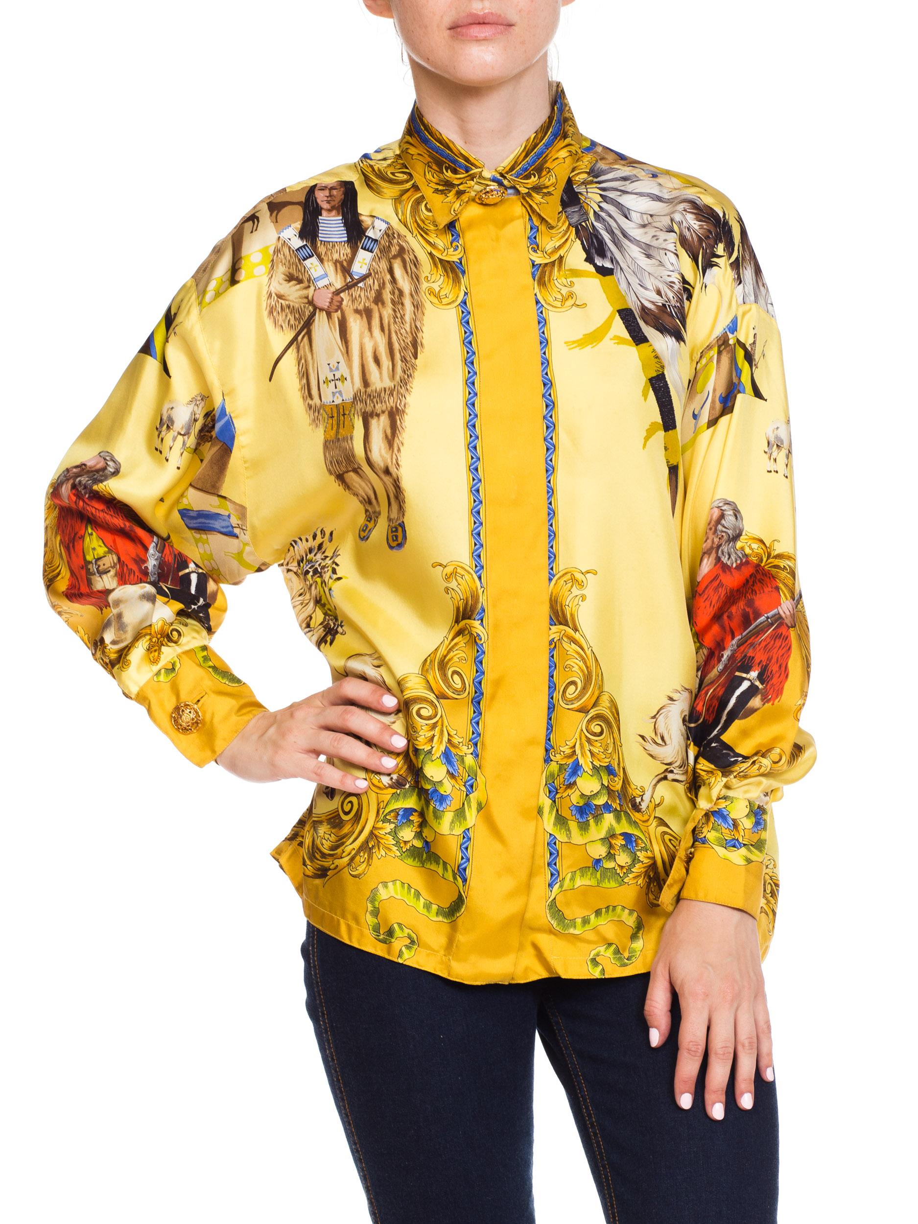 1990S GIANNI VERSACE Pale Yellow Silk Buffalo Bill Native American Print Shirt  In Excellent Condition For Sale In New York, NY