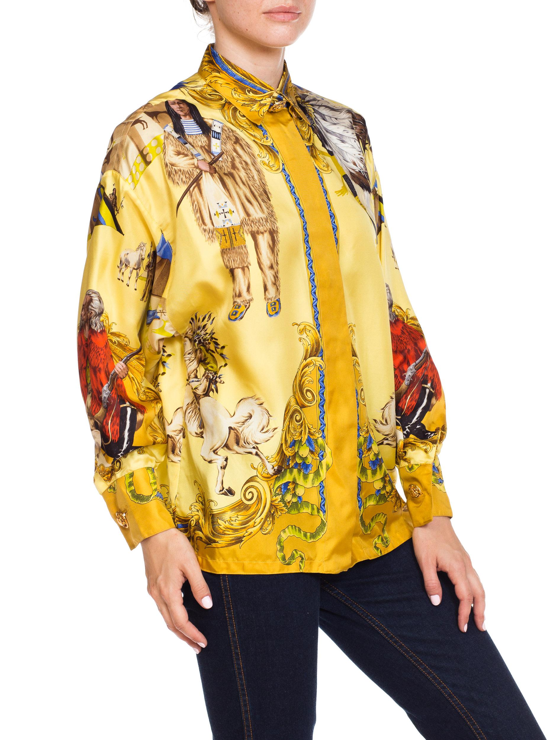 Women's 1990S GIANNI VERSACE Pale Yellow Silk Buffalo Bill Native American Print Shirt  For Sale