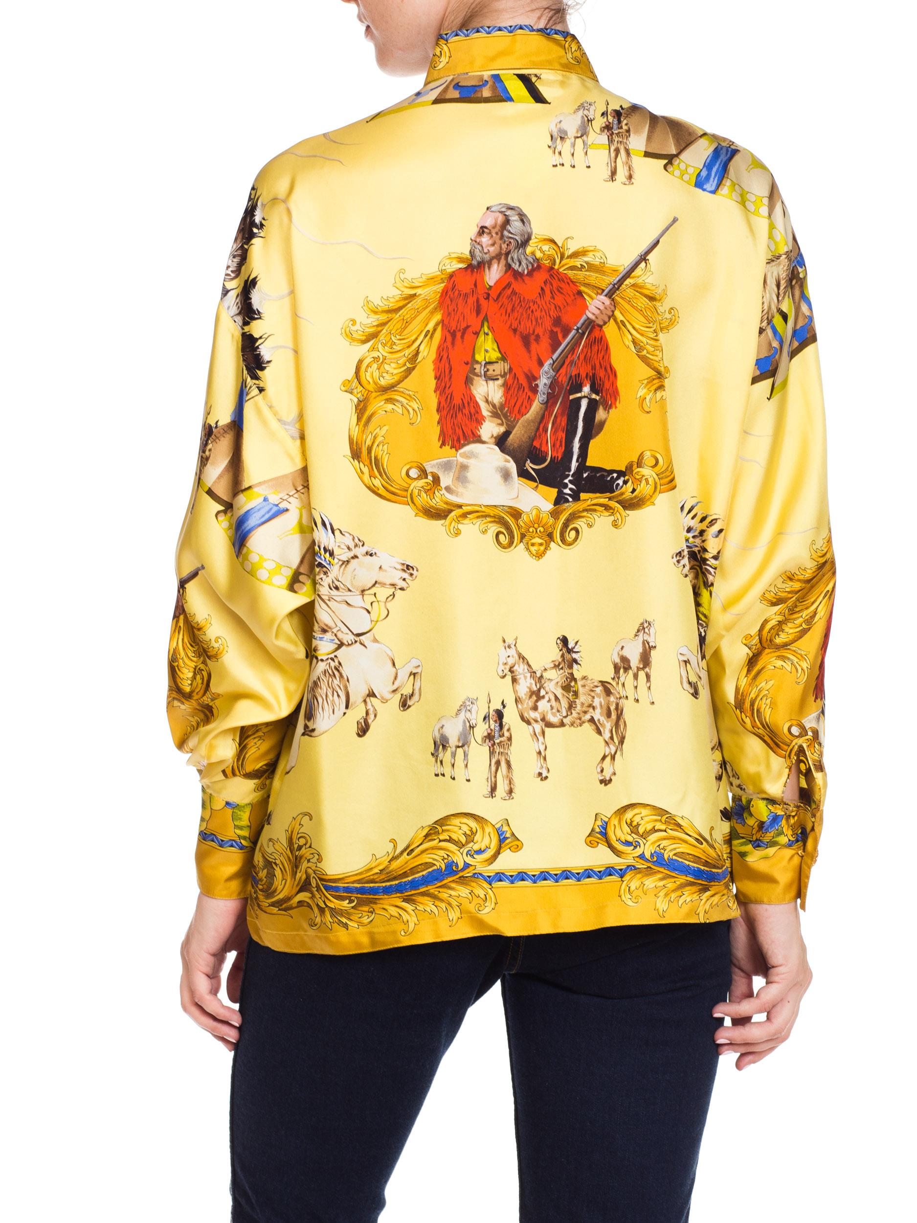 1990S GIANNI VERSACE Pale Yellow Silk Buffalo Bill Native American Print Shirt  For Sale 3