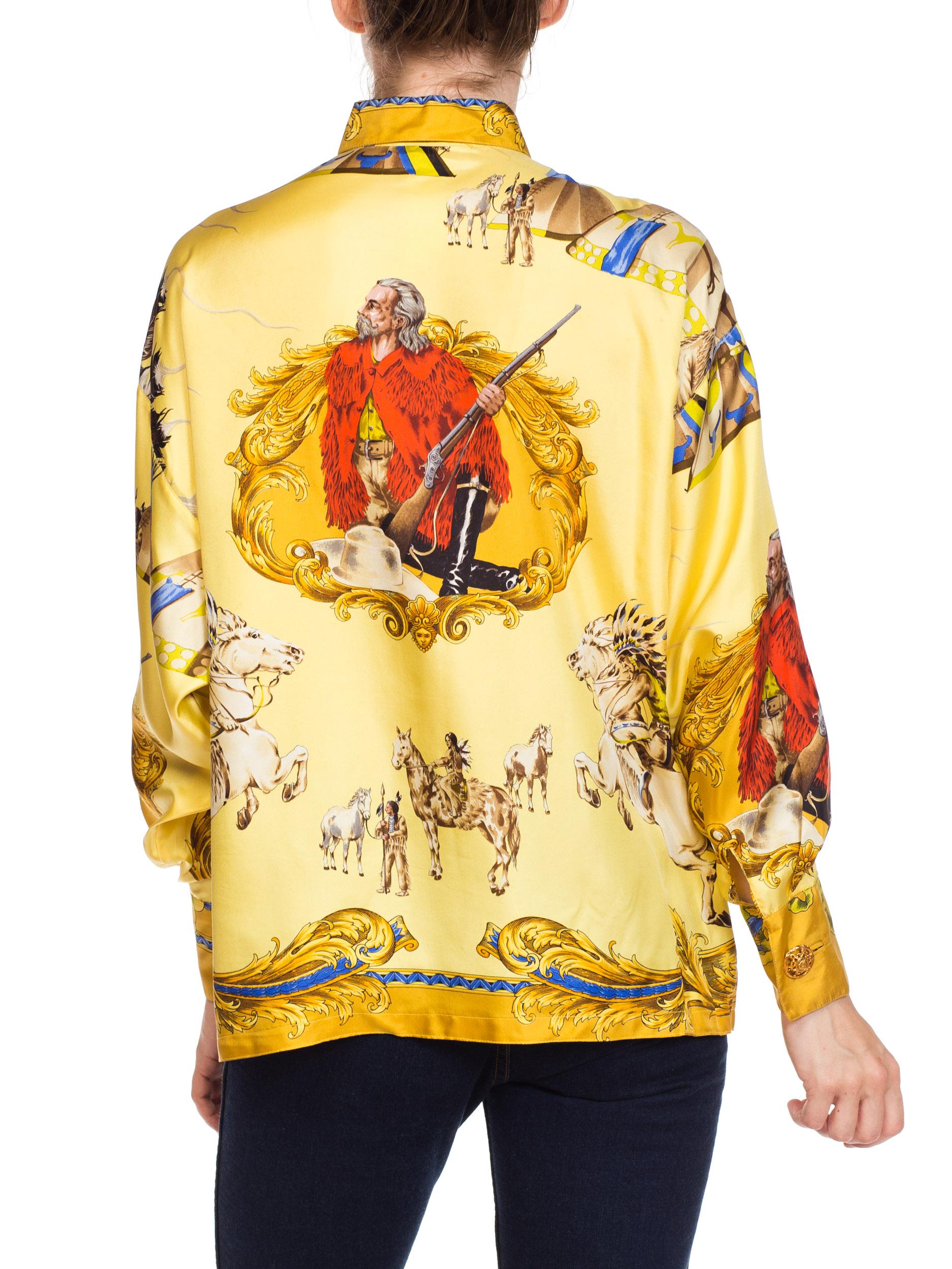 1990S GIANNI VERSACE Pale Yellow Silk Buffalo Bill Native American Print Shirt  For Sale 2