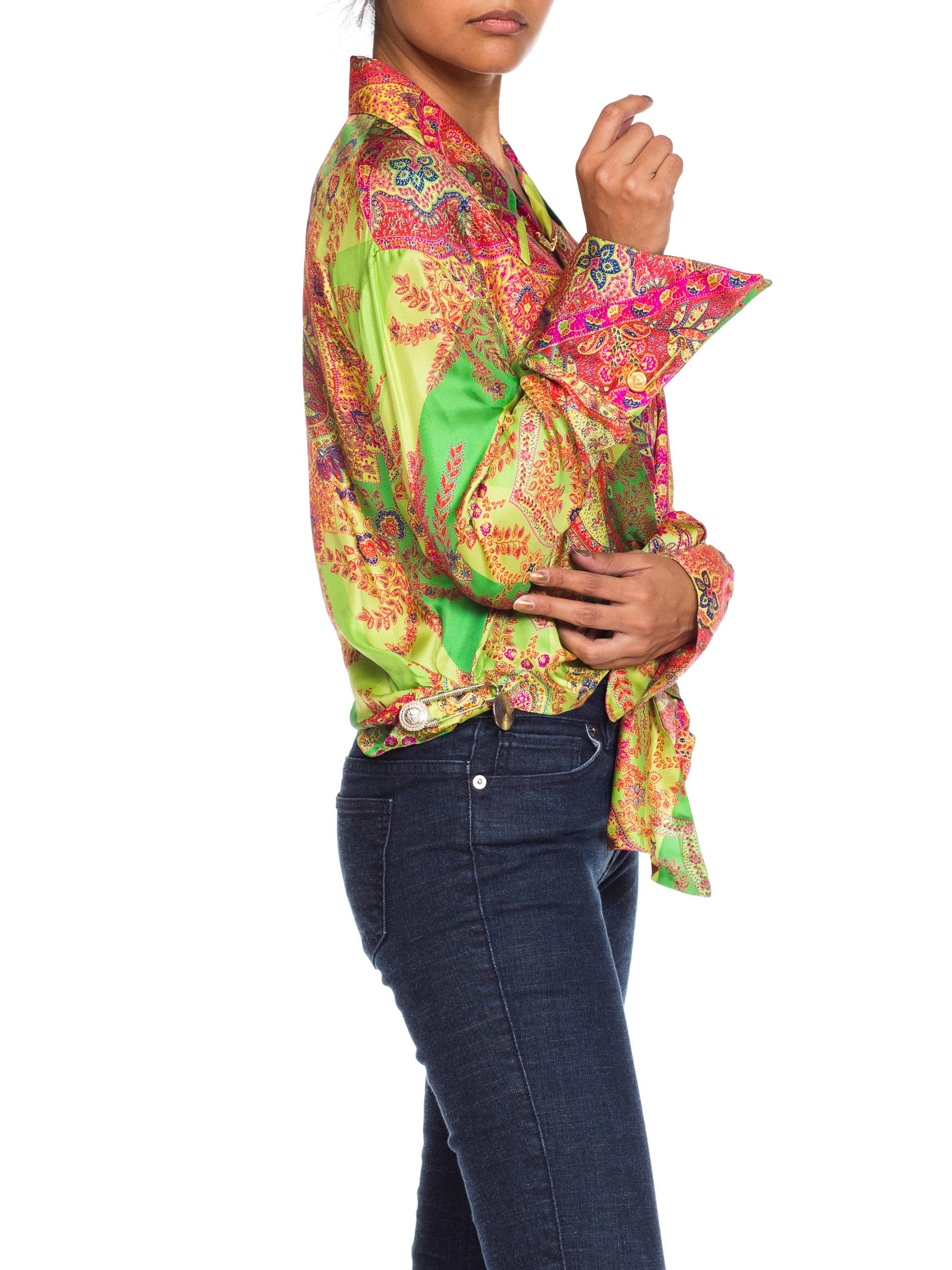 1990S GIANNI VERSACE Paisley Silk Punk Safety Pin Collection Blouse Sz 40 5