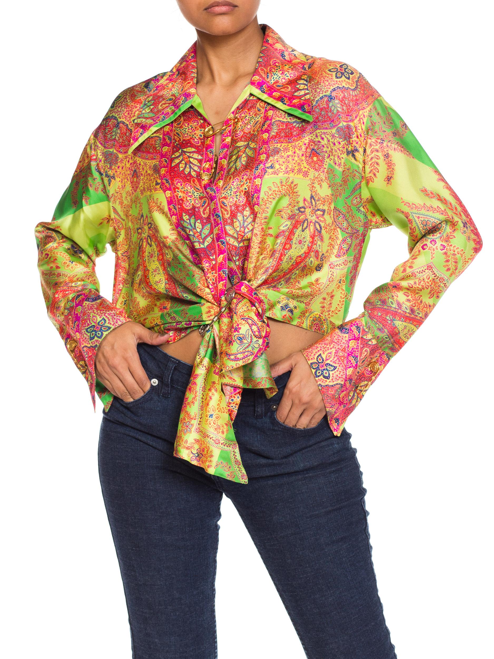 1990S GIANNI VERSACE Paisley Silk Punk Safety Pin Collection Blouse Sz 40 10