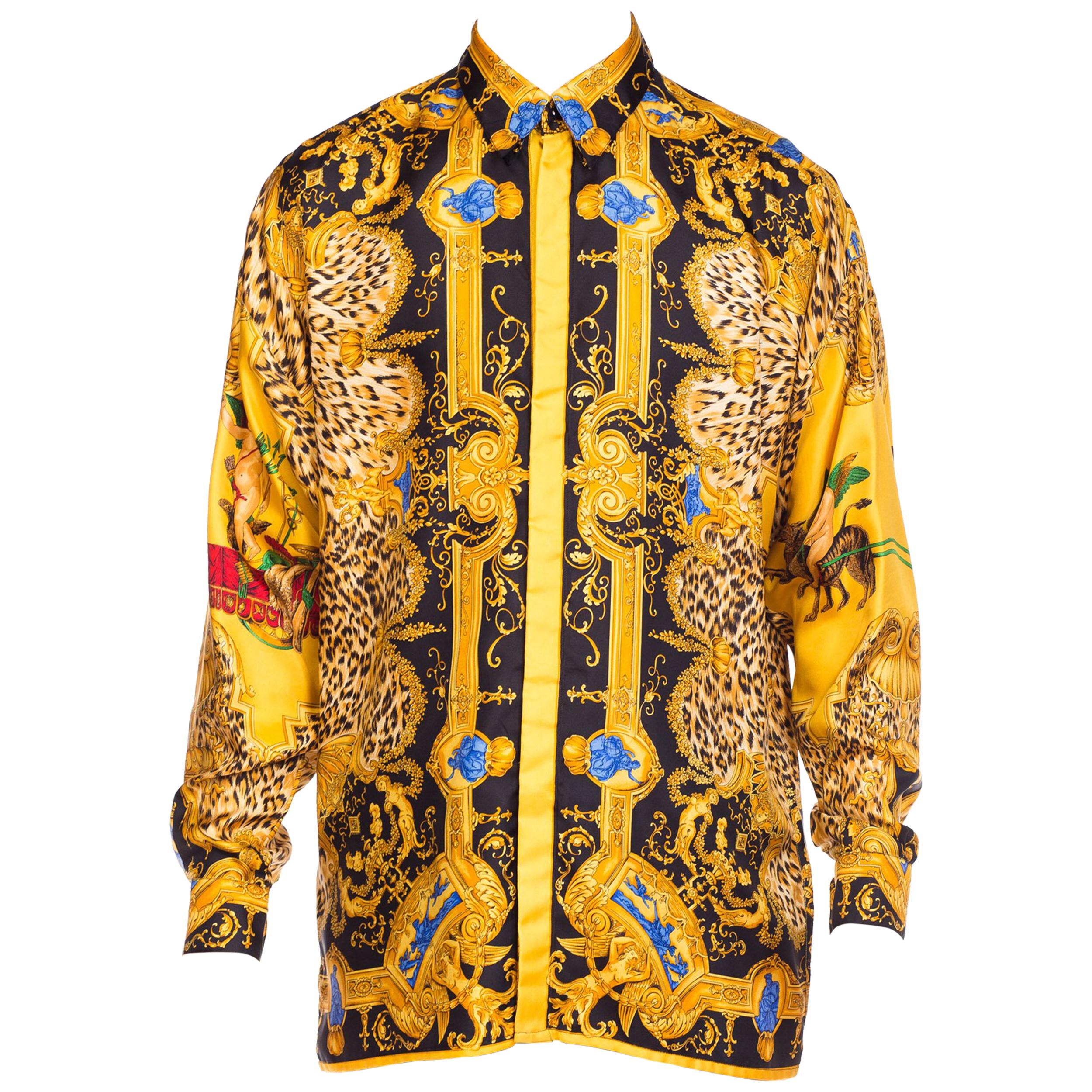 1990s Gianni Versace Leopard Baroque Printed Silk Shirt 