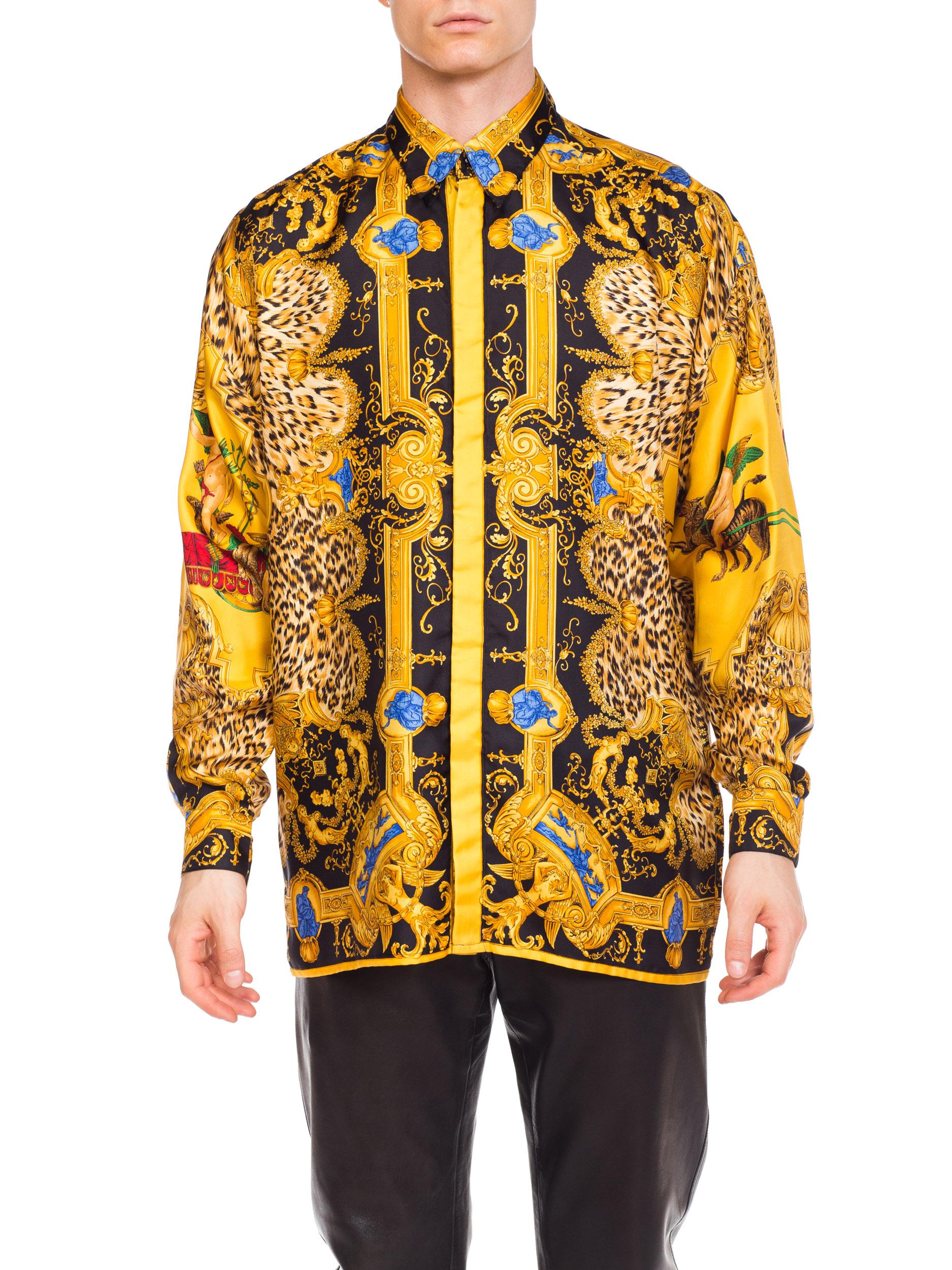Orange 1990s Gianni Versace Leopard Baroque Printed Silk Shirt 