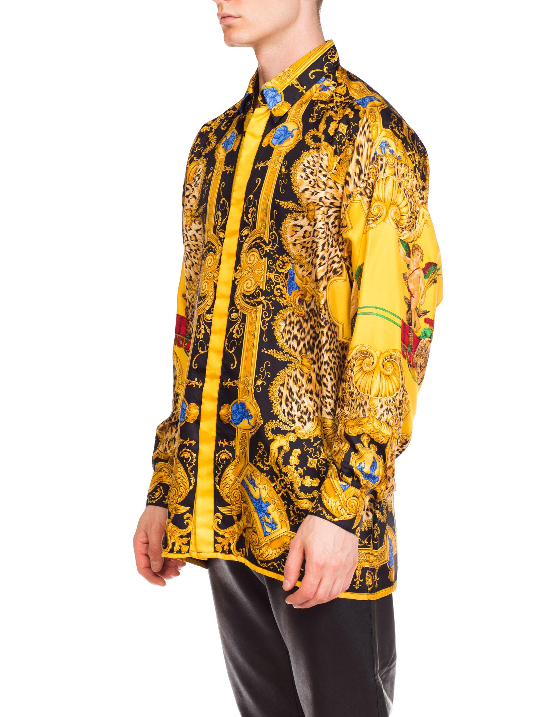 Men's 1990s Gianni Versace Leopard Baroque Printed Silk Shirt 