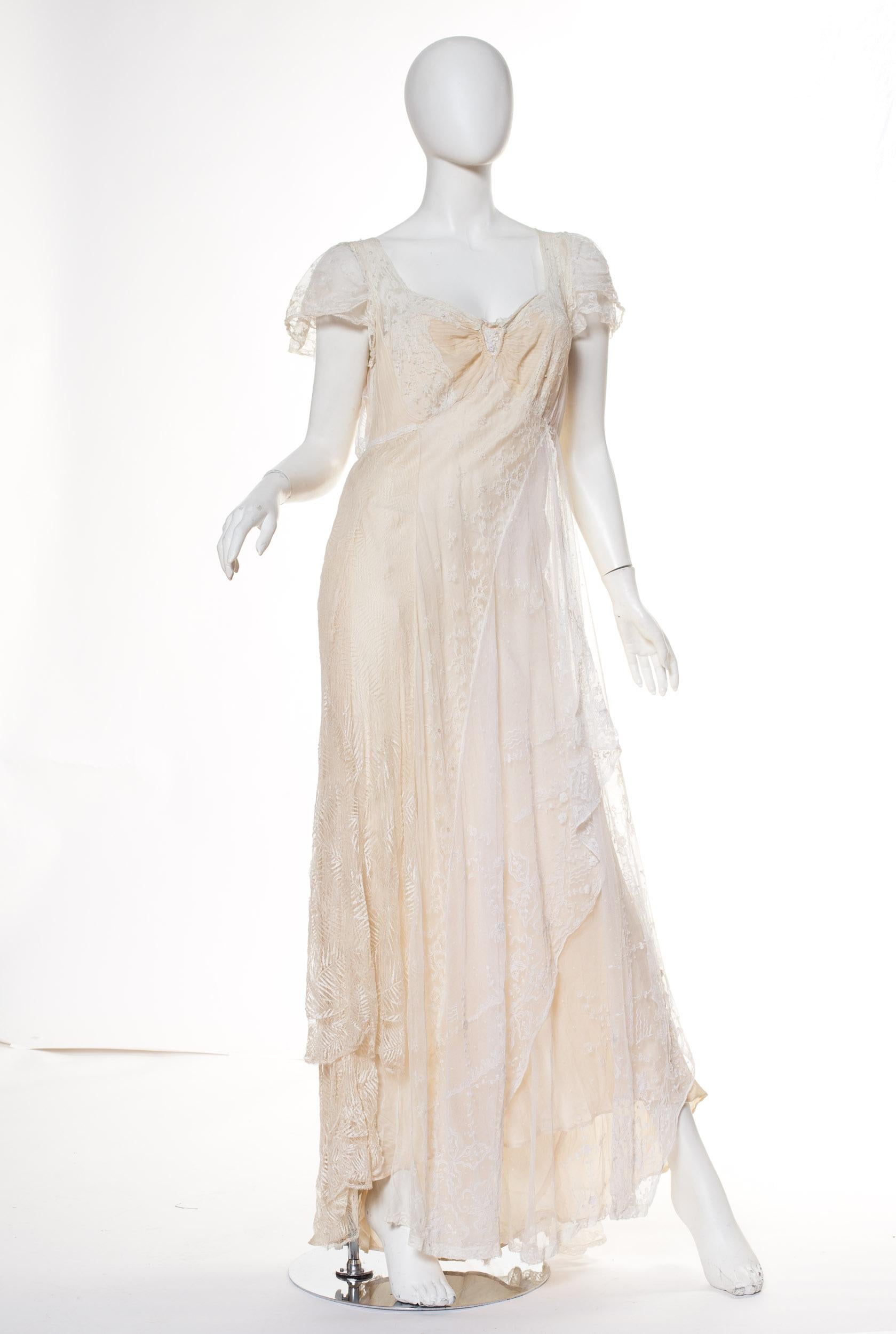 1930S Ivory Bias Cut Silk and Antique Edwardian Bridal Lace Gown XL at ...