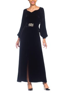 1930S Black Silk Velvet Long Sleeved Gown With Chrome Art Deco Buckle
