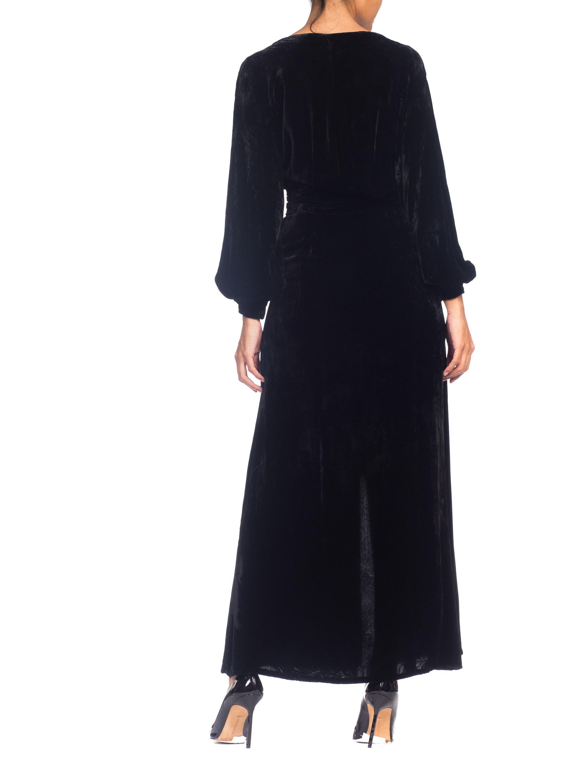 1930S Black Silk Velvet Long Sleeved Gown With Chrome Art Deco Buckle For Sale 1