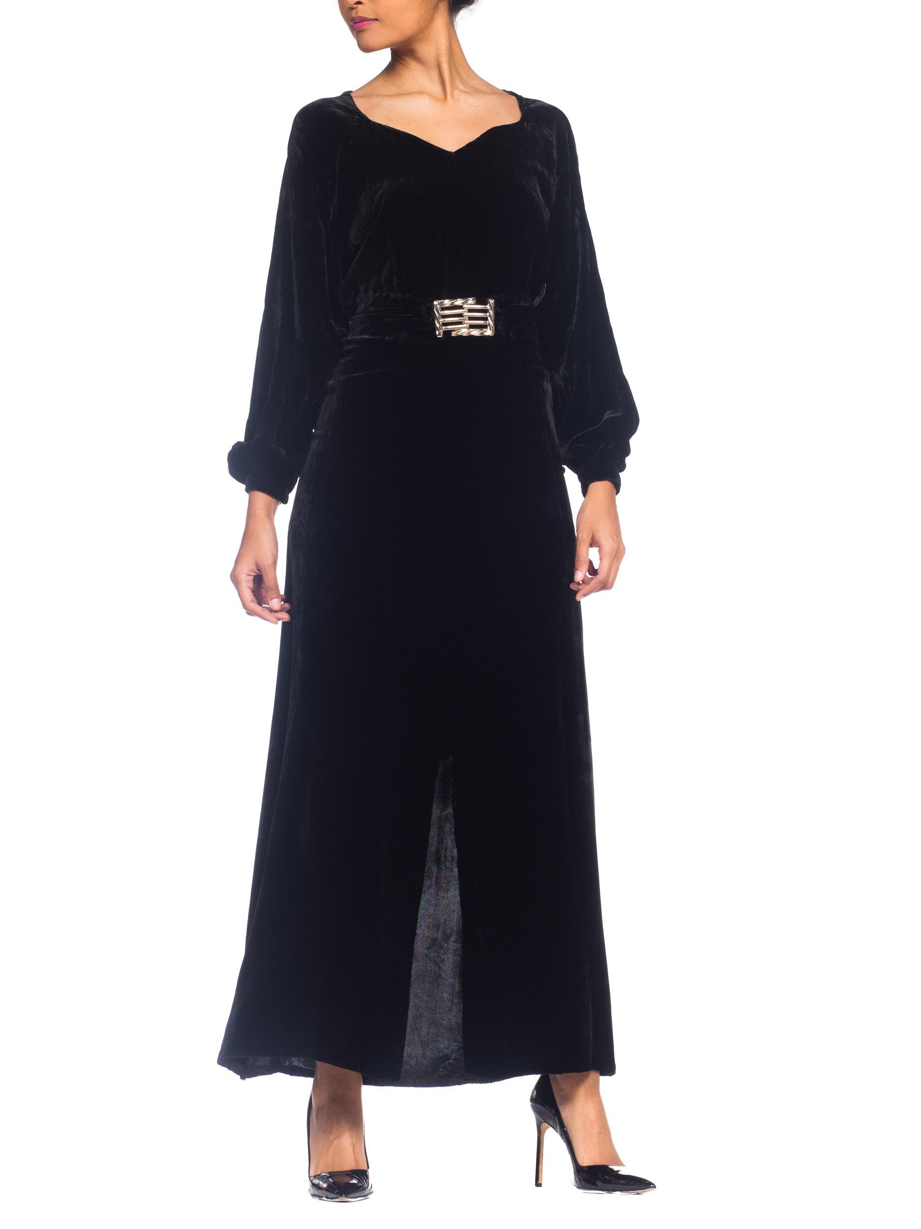1930S Black Silk Velvet Long Sleeved Gown With Chrome Art Deco Buckle For Sale 5