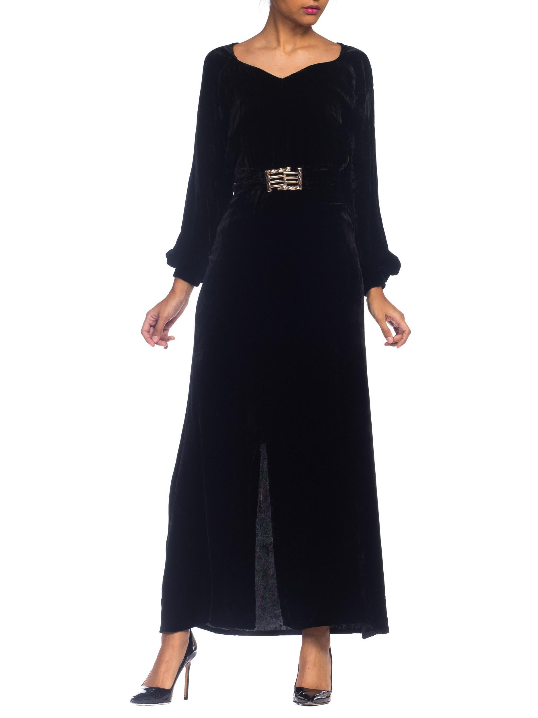 1930S Black Silk Velvet Long Sleeved Gown With Chrome Art Deco Buckle For Sale 9